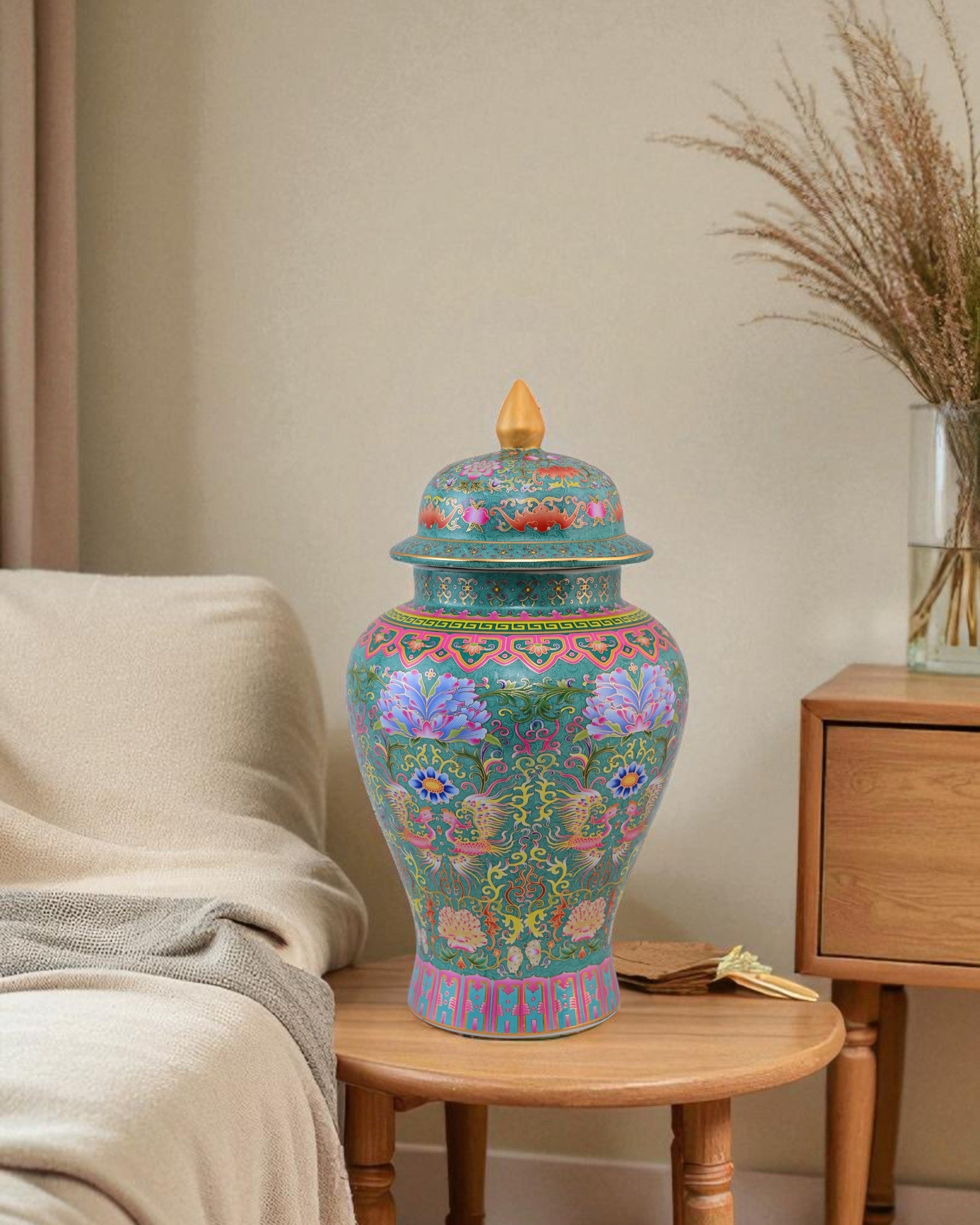 Cloisonné phoenix Temple Jar With Lid - Green - 39cm