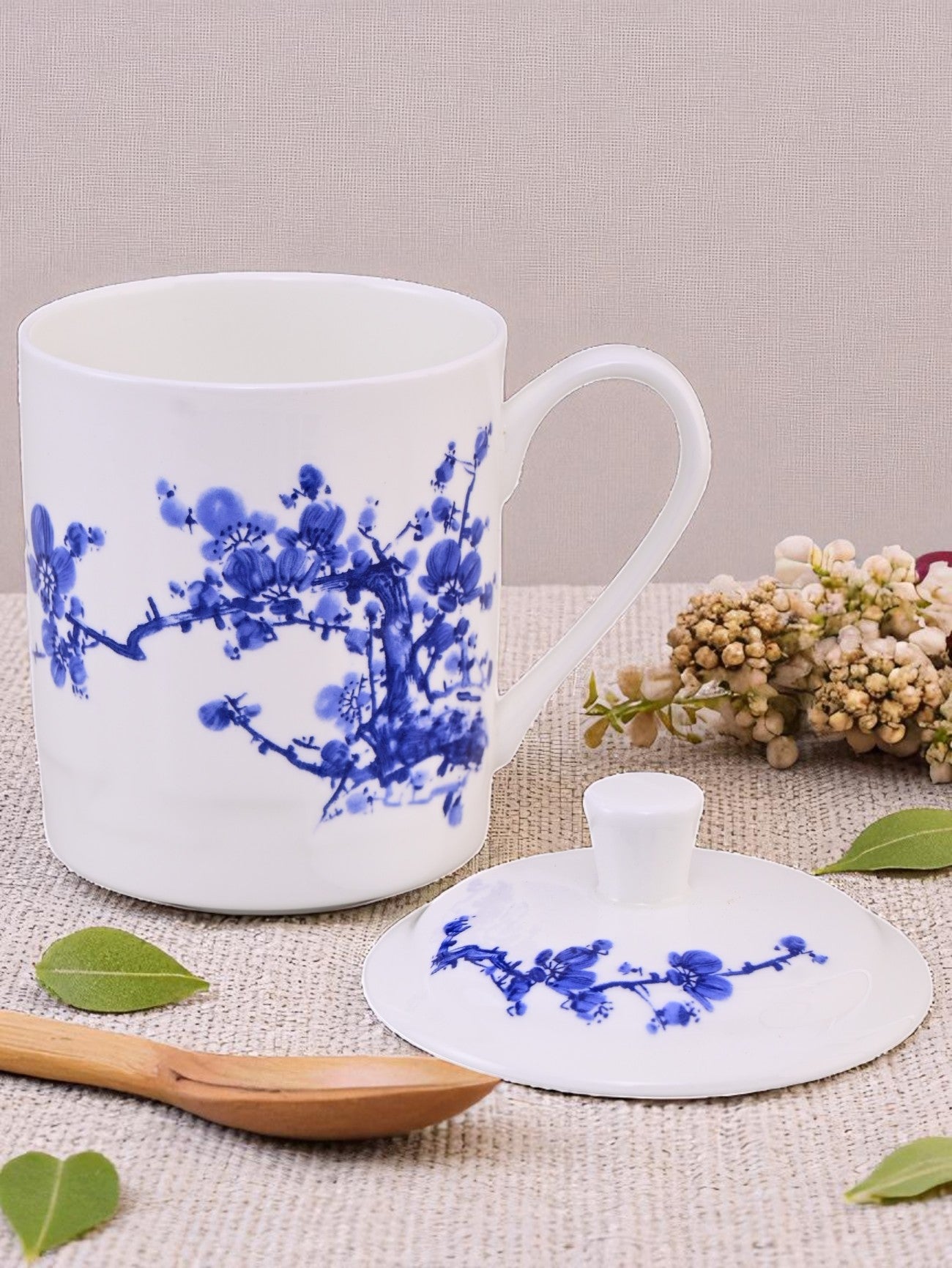 Blue Blossom Ceramic Mug with Lid
