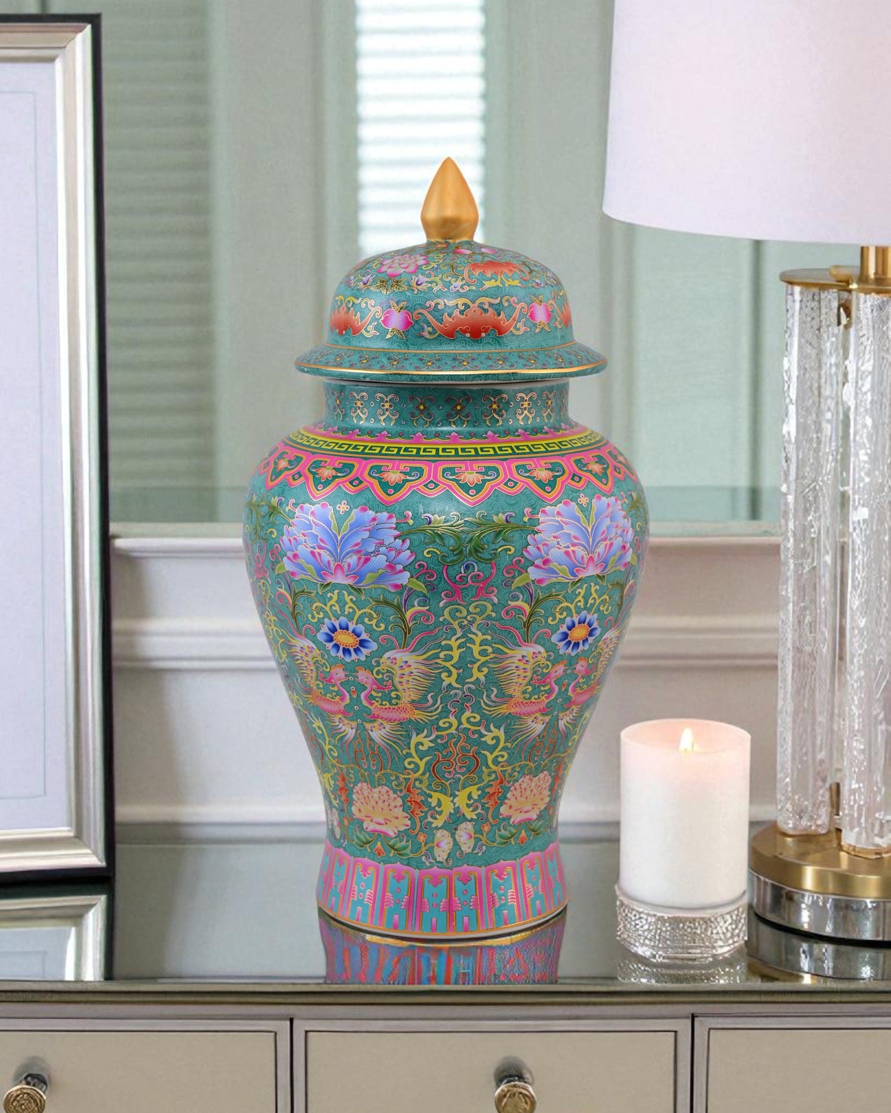 Cloisonné phoenix Temple Jar With Lid - Green - 39cm