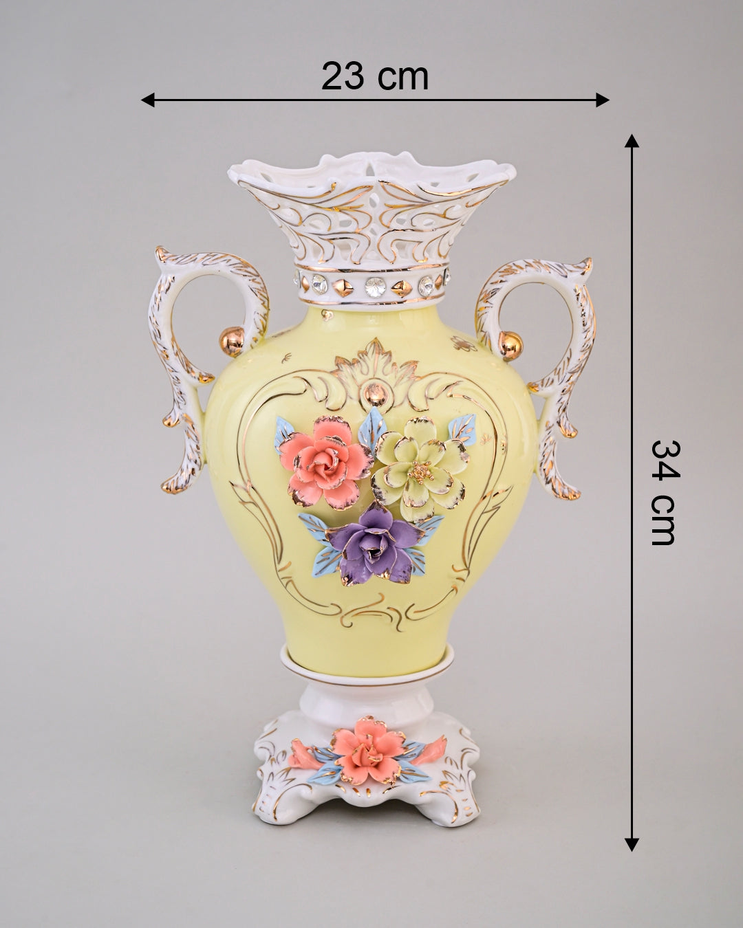 Vintage Floral Porcelain Vase with Handles - Yellow