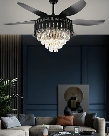 Crystal Retractable Ceiling Fan + Chandelier Light (with Remote Control)
