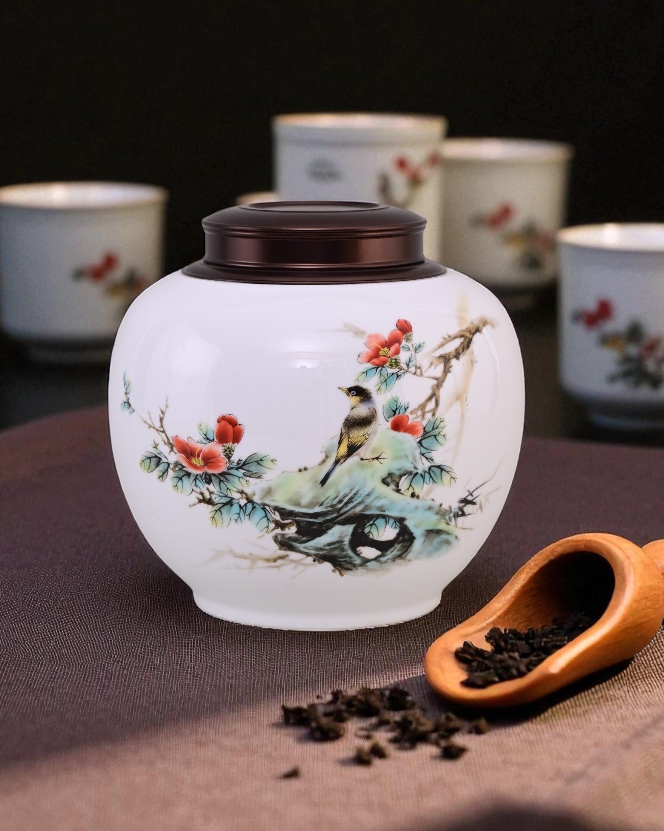 Snow Finch Hand Painted Ceramic Storage Jar
