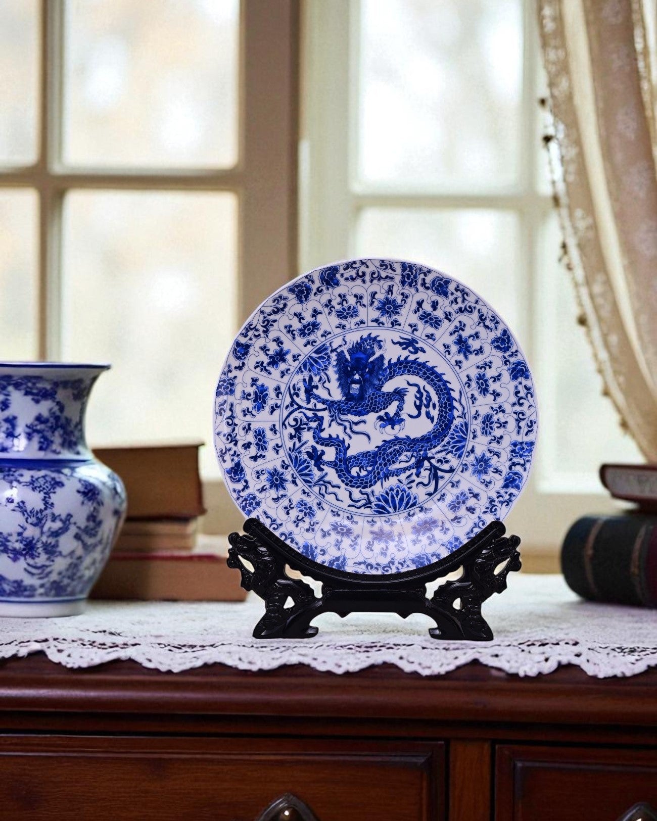 Imperial Blue Dragon Decorative Plate - 26 cm