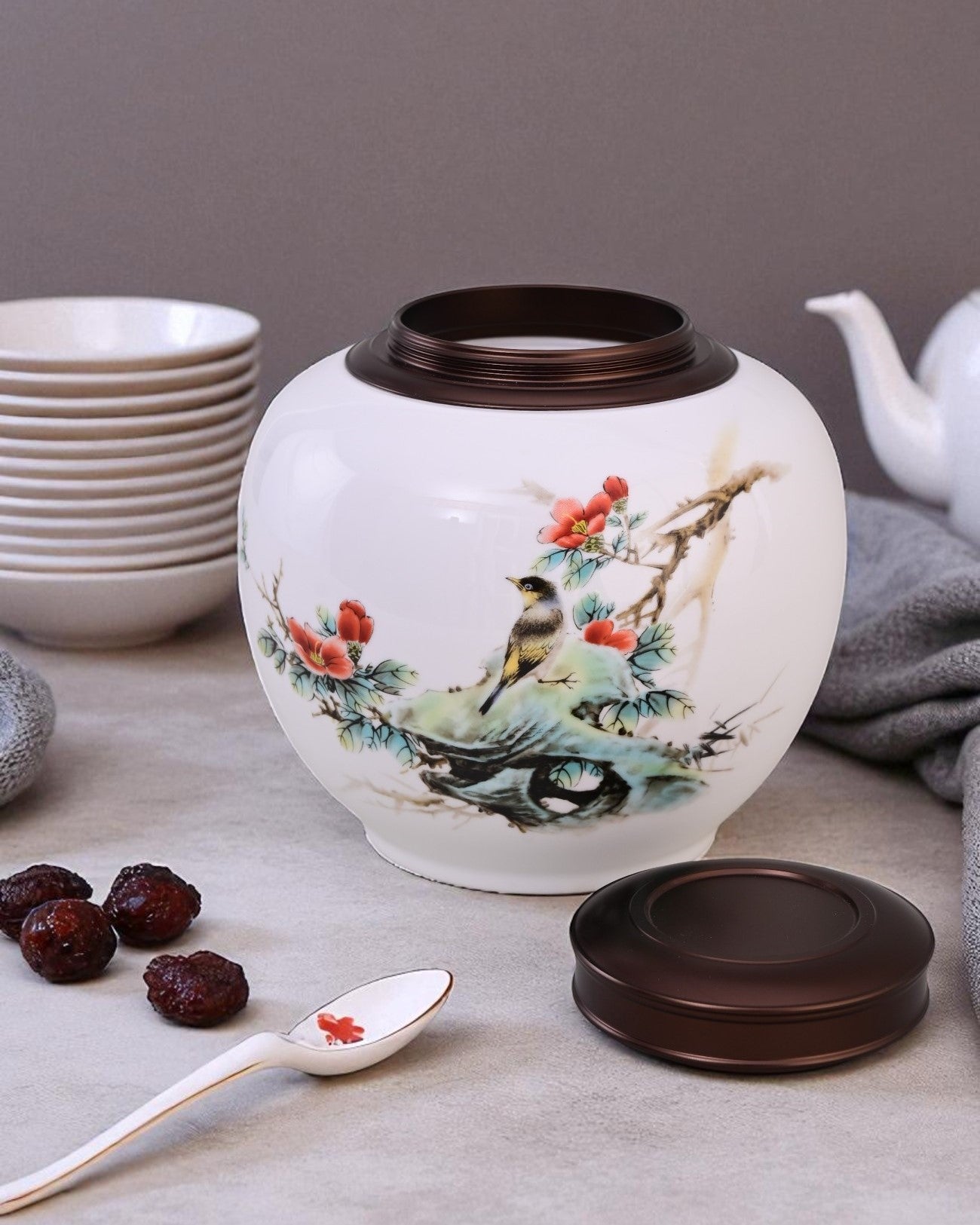 Snow Finch Hand Painted Ceramic Storage Jar