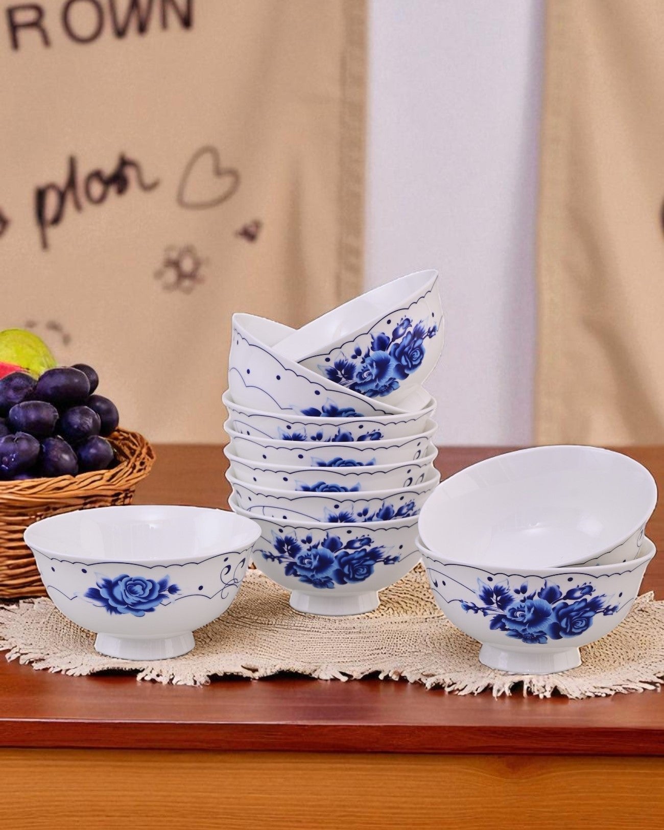 Royal Blue Blossom Ceramic Katori - Set Of 6