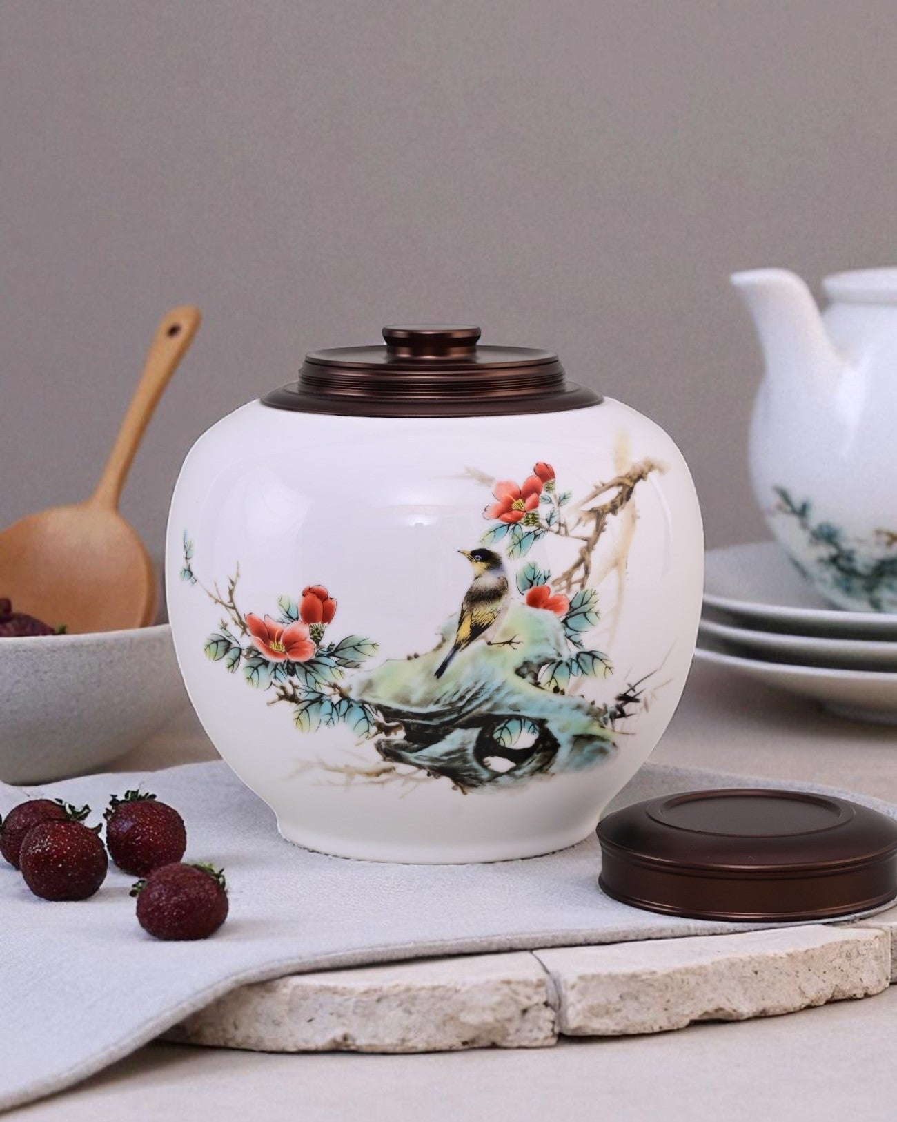 Snow Finch Hand Painted Ceramic Storage Jar