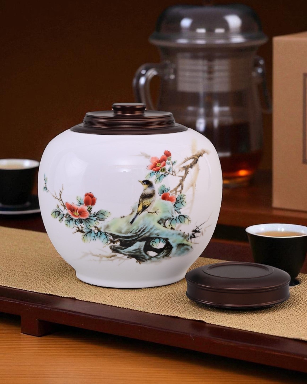 Snow Finch Hand Painted Ceramic Storage Jar