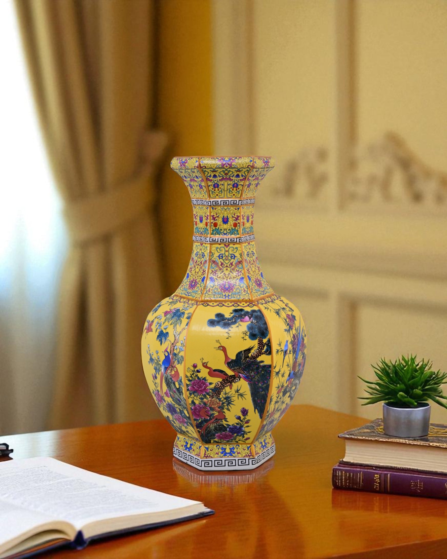 Midnight Bird Motifs Cloisonné Vase - Yellow
