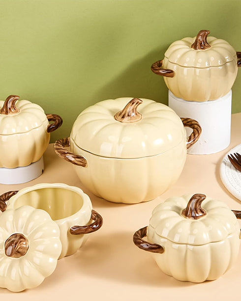 Pumpkin Shaped Ceramic Stew Bowl with Lid - Cream