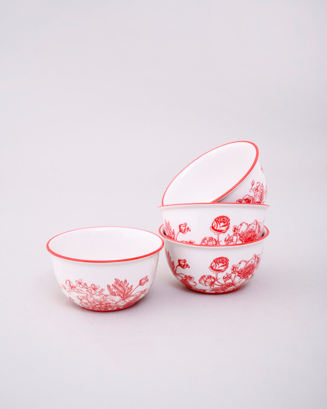 Red Floral Ceramic Katori - Set Of 4