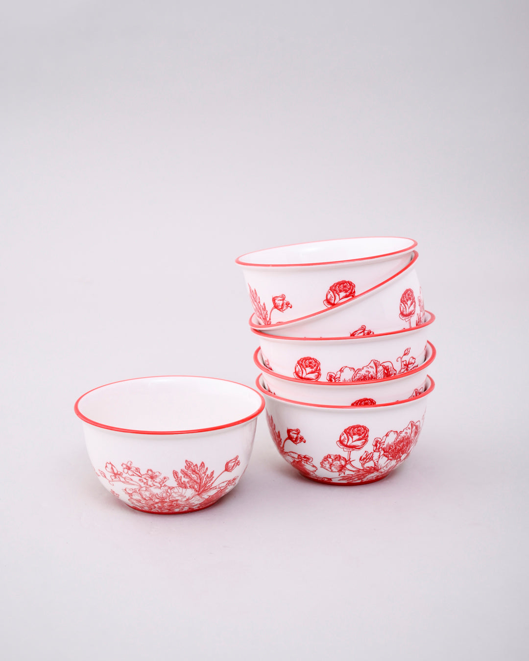 Red Floral Ceramic Katori - Set Of 6