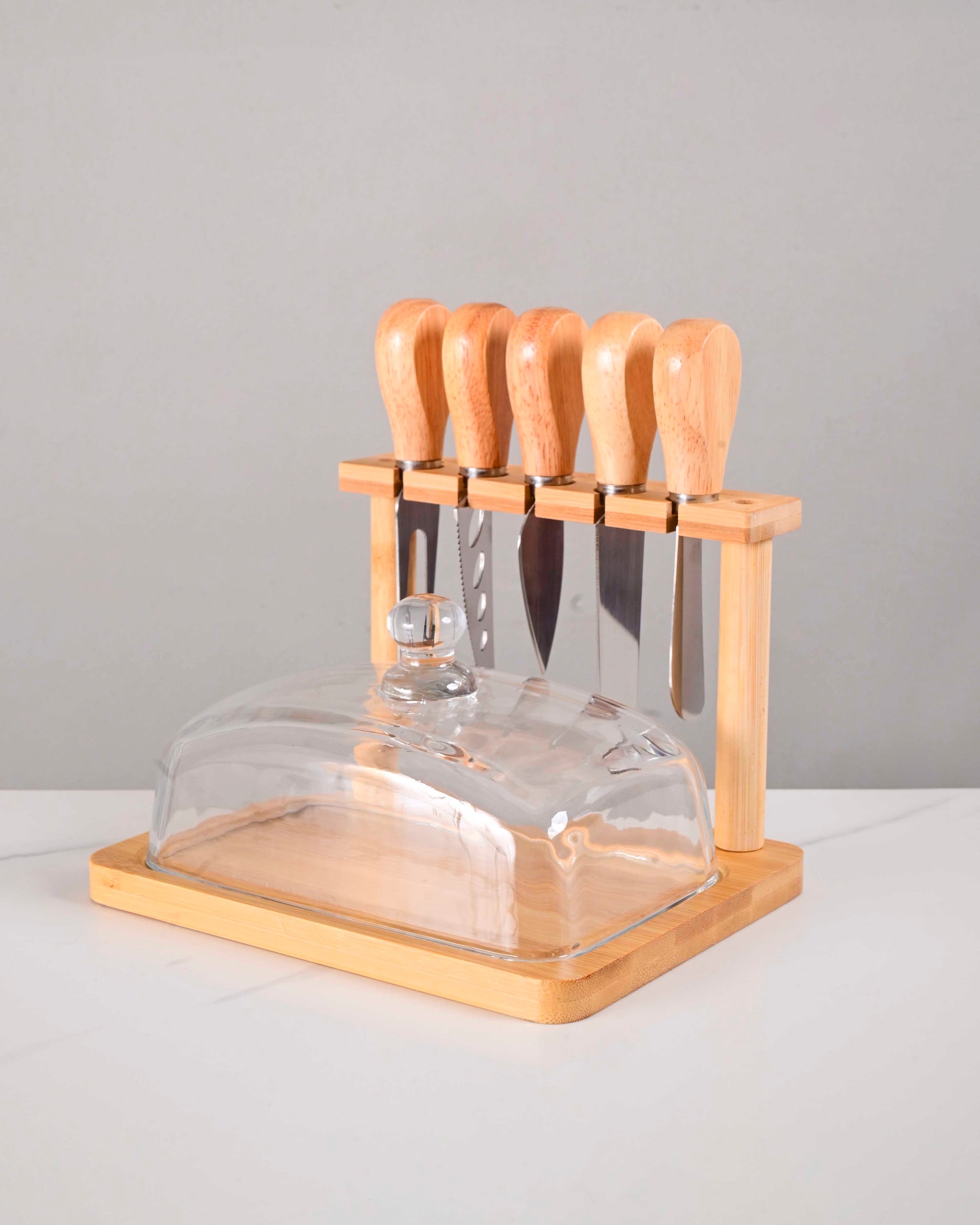 Wooden Cheese & Butter Knife Set With Glass Dome