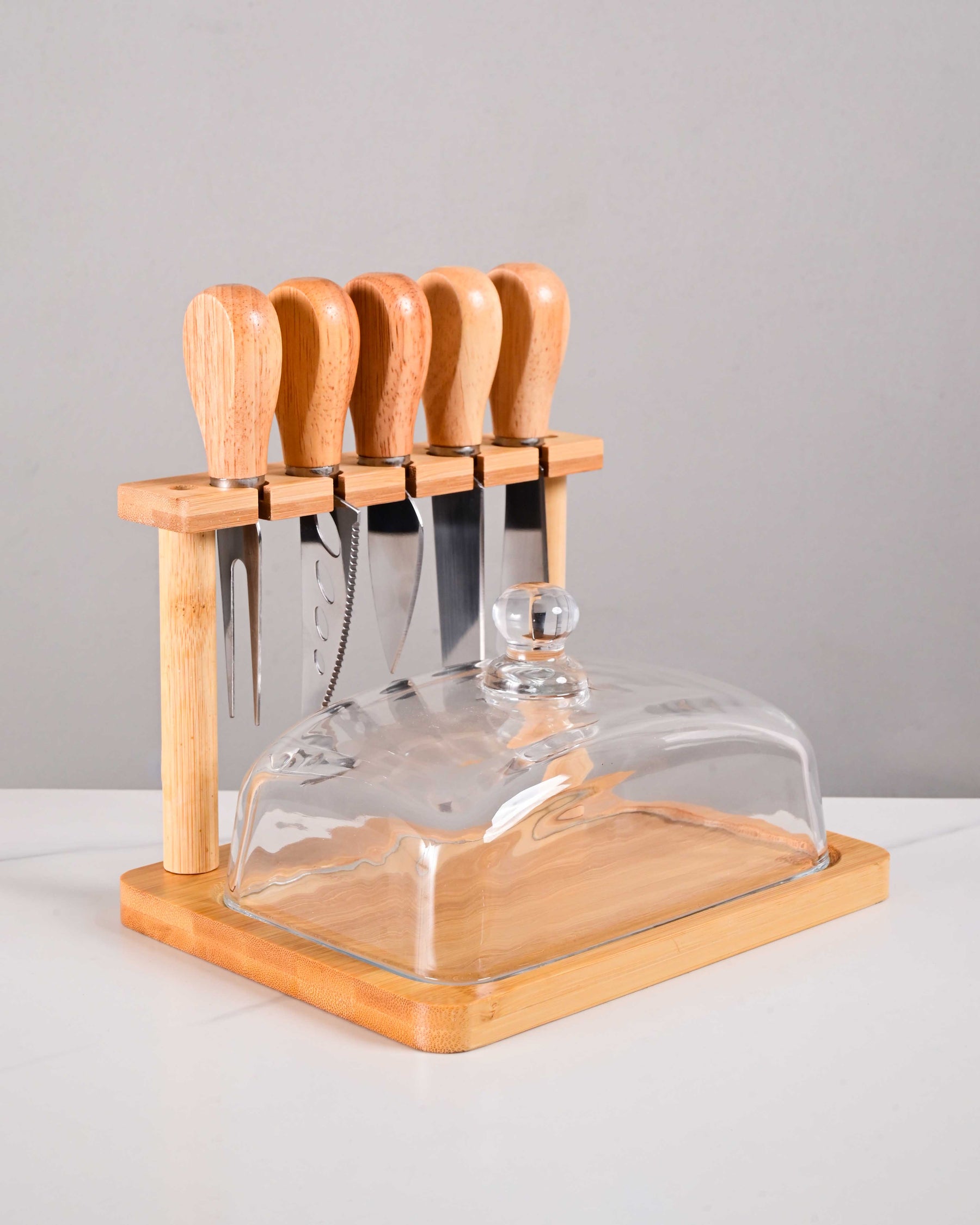 Wooden Cheese & Butter Knife Set With Glass Dome