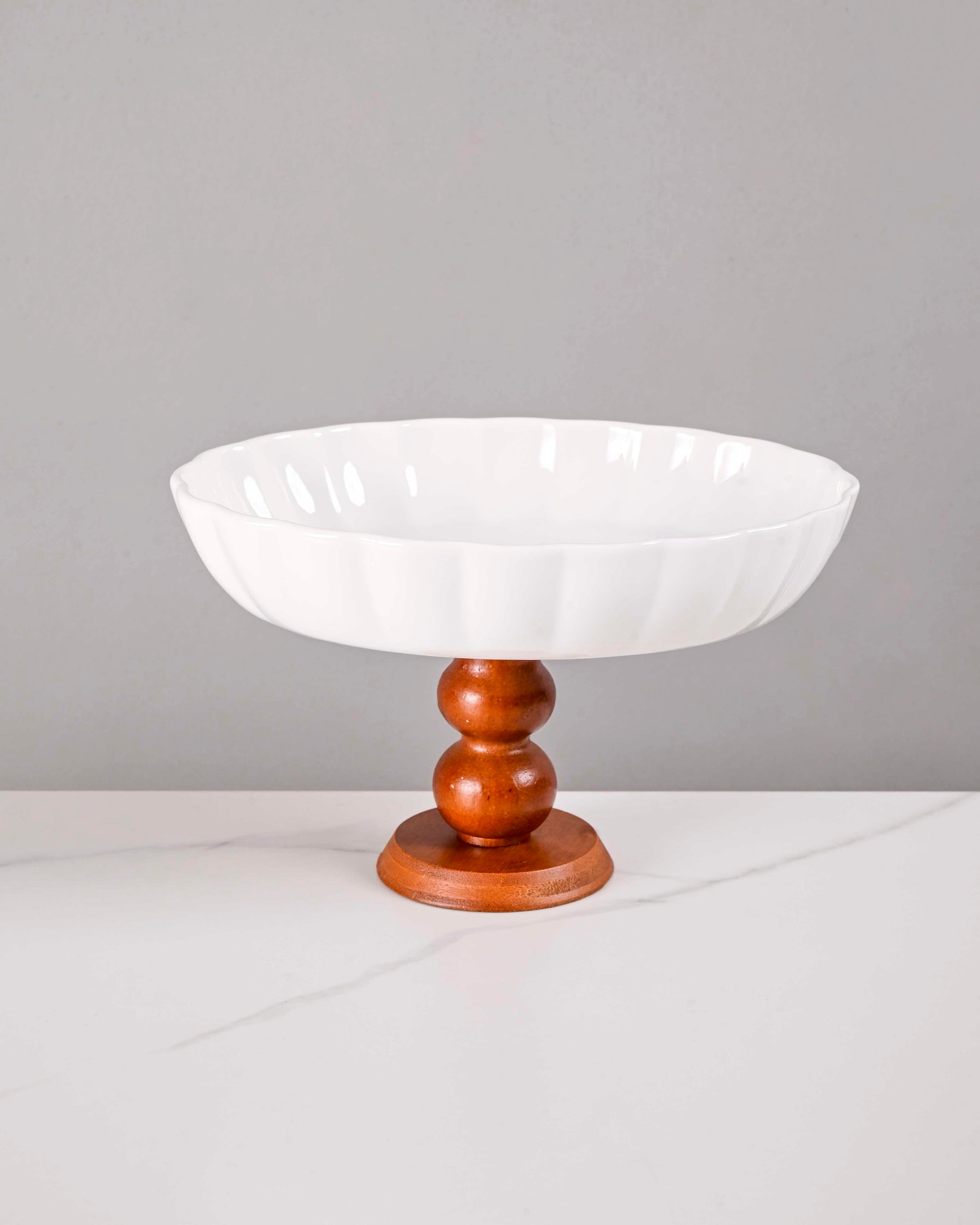 Ceramic Pedestal Dessert Stand with Wooden Base