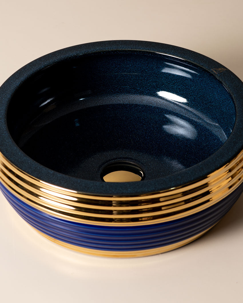 Blue & Gold Porcelain Countertop Wash Basin - The Decor Kart