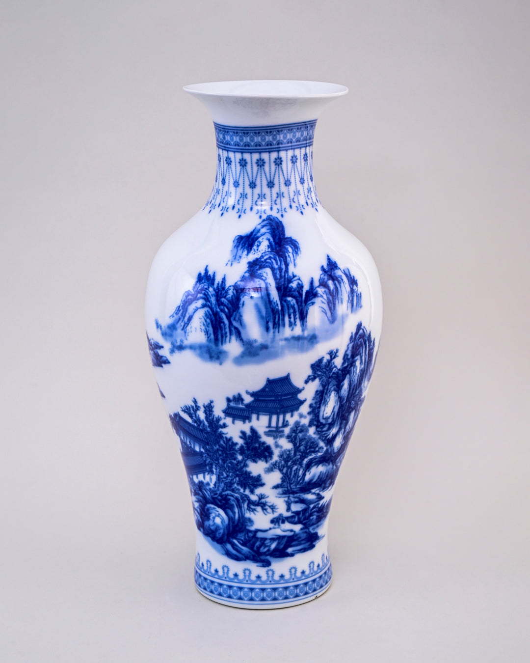 Blue & White Landscape Ceramic Vase & Decorative Plate - Set Of 3
