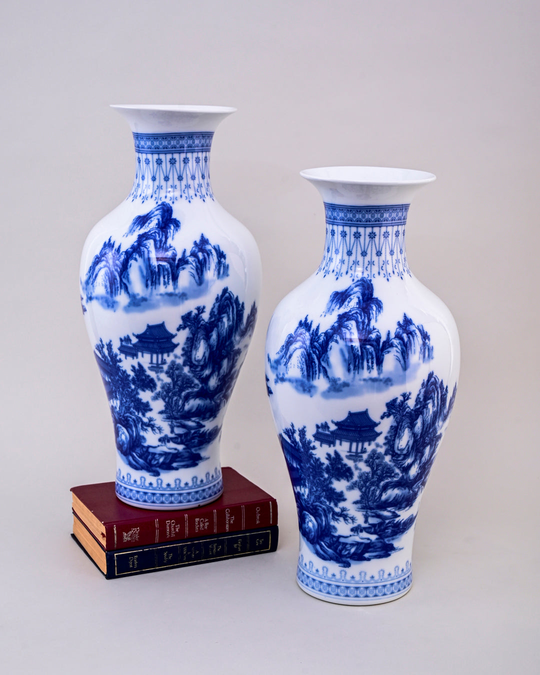 Blue & White Landscape Ceramic Vase & Decorative Plate - Set Of 3