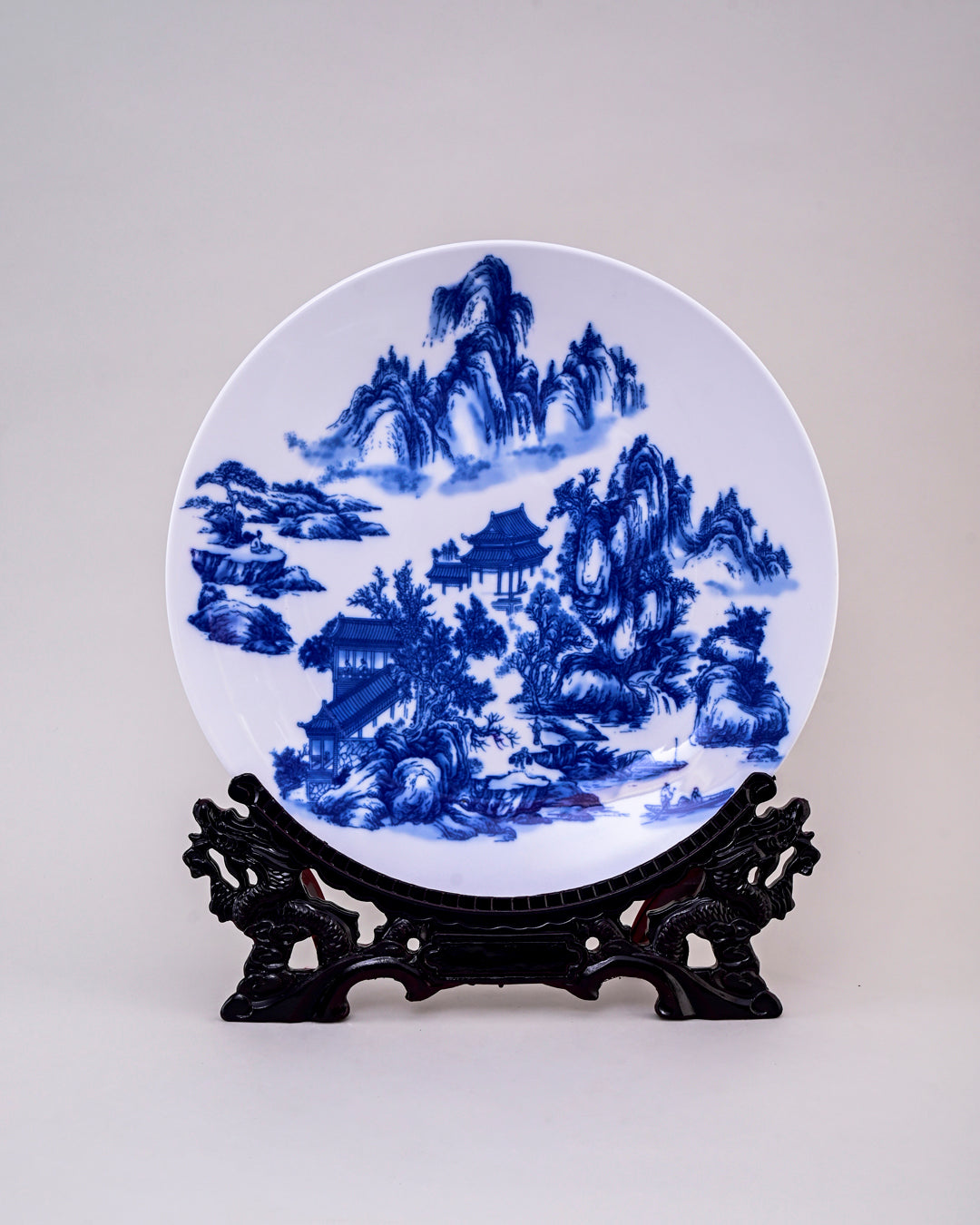 Blue & White Landscape Ceramic Vase & Decorative Plate - Set Of 3