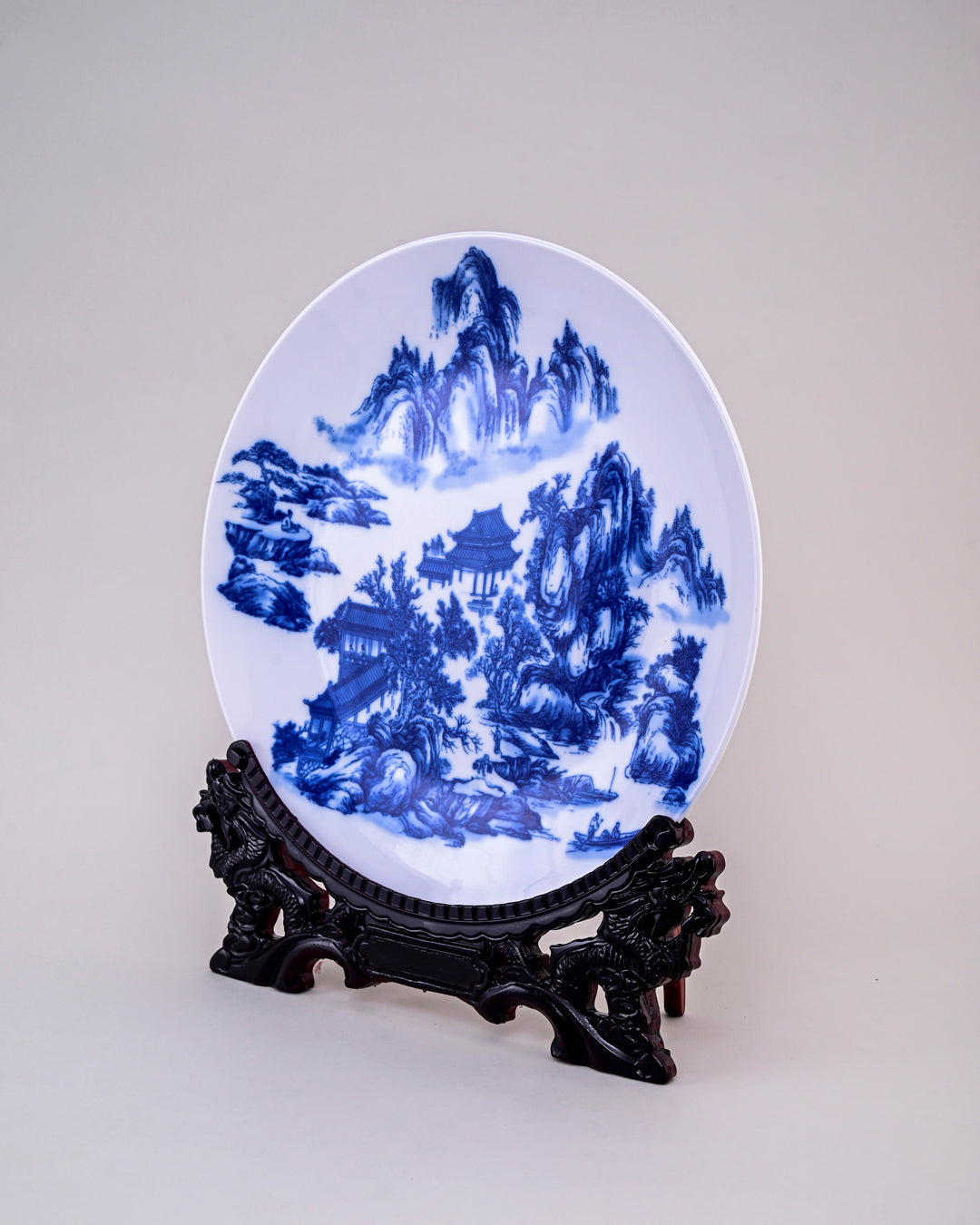 Blue & White Landscape Ceramic Vase & Decorative Plate - Set Of 3