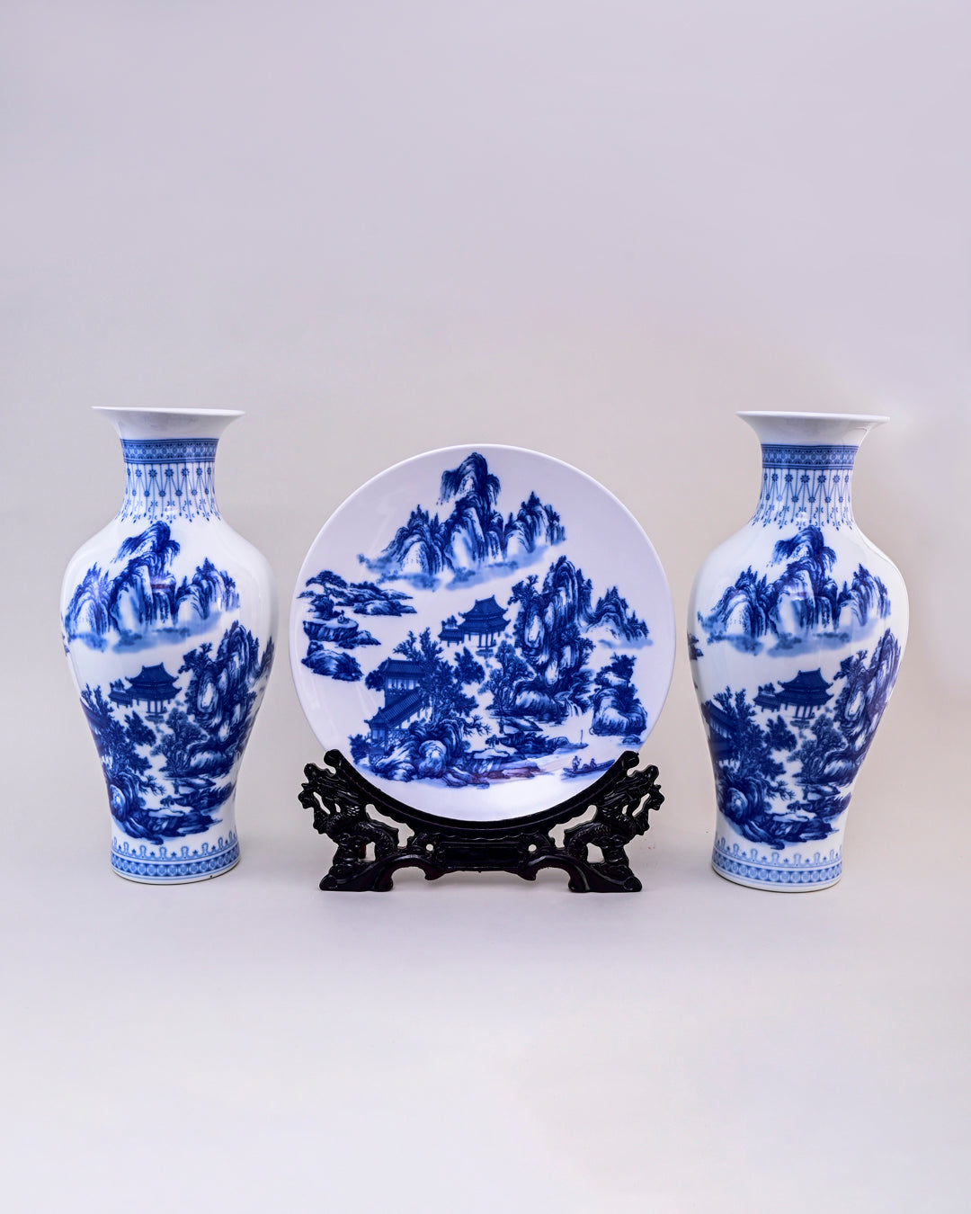 Blue & White Landscape Ceramic Vase & Decorative Plate - Set Of 3