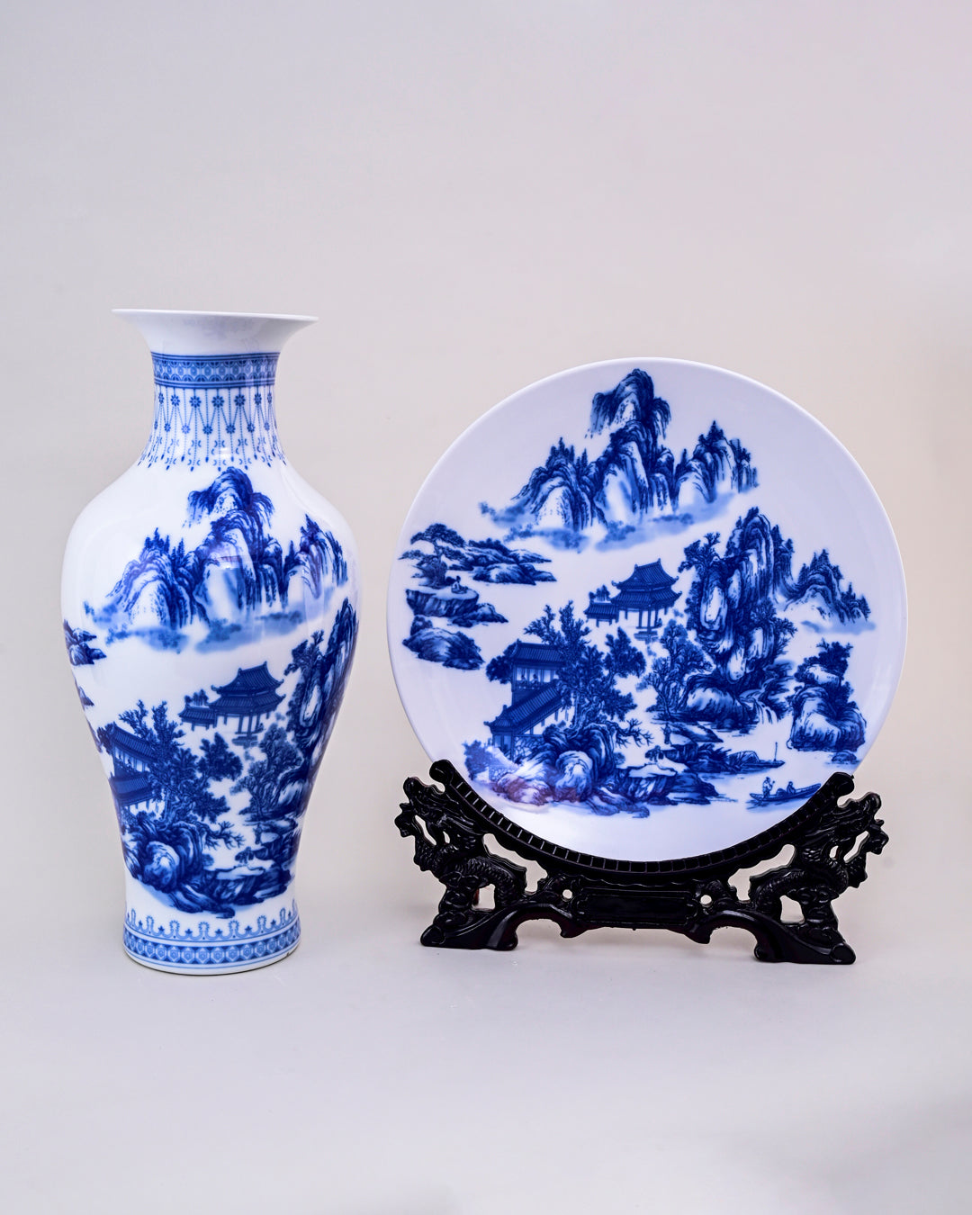 Blue & White Landscape Ceramic Vase & Decorative Plate - Set Of 3
