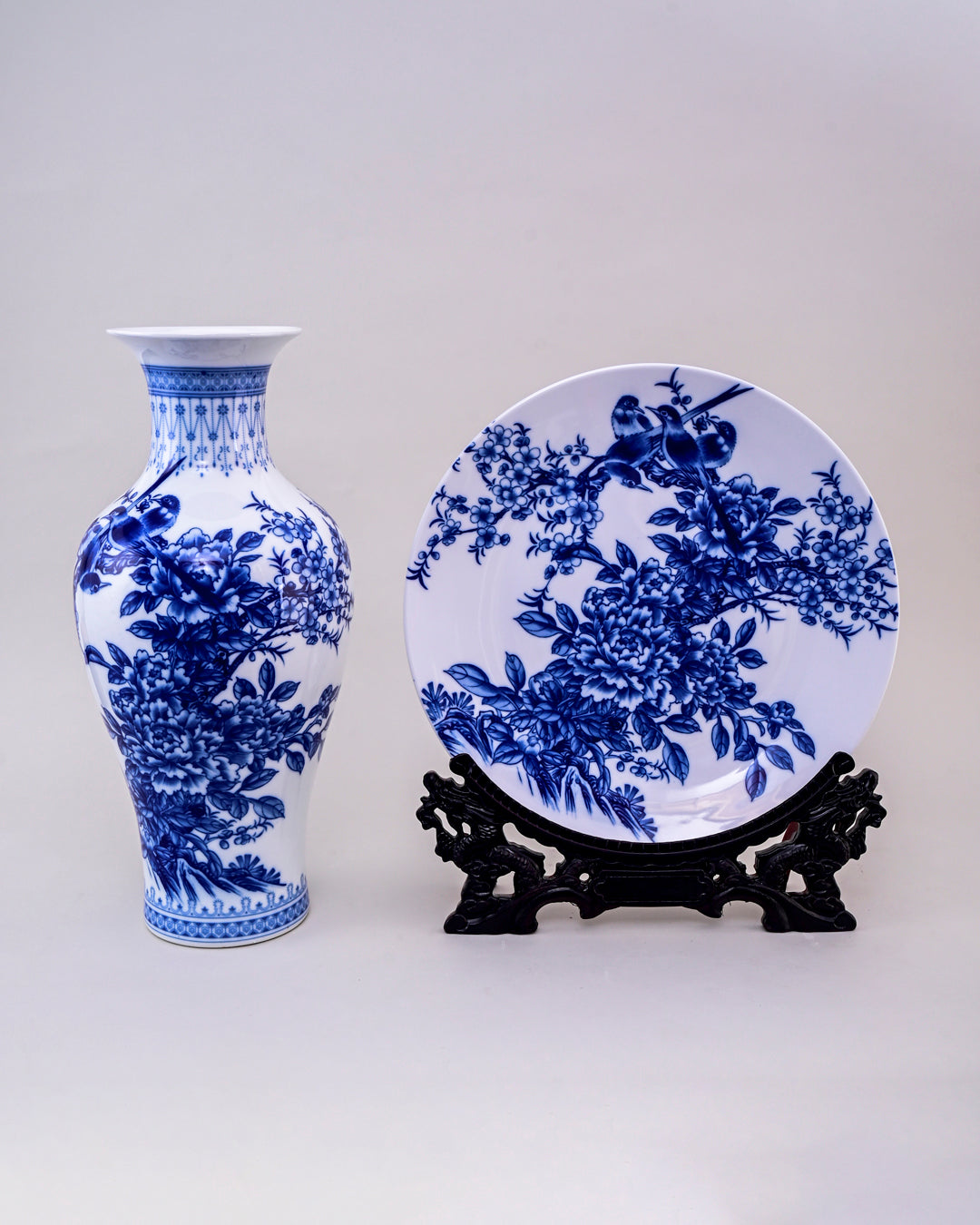 Floral Harmony Ceramic Vase & Decorative Plate - Set Of 3