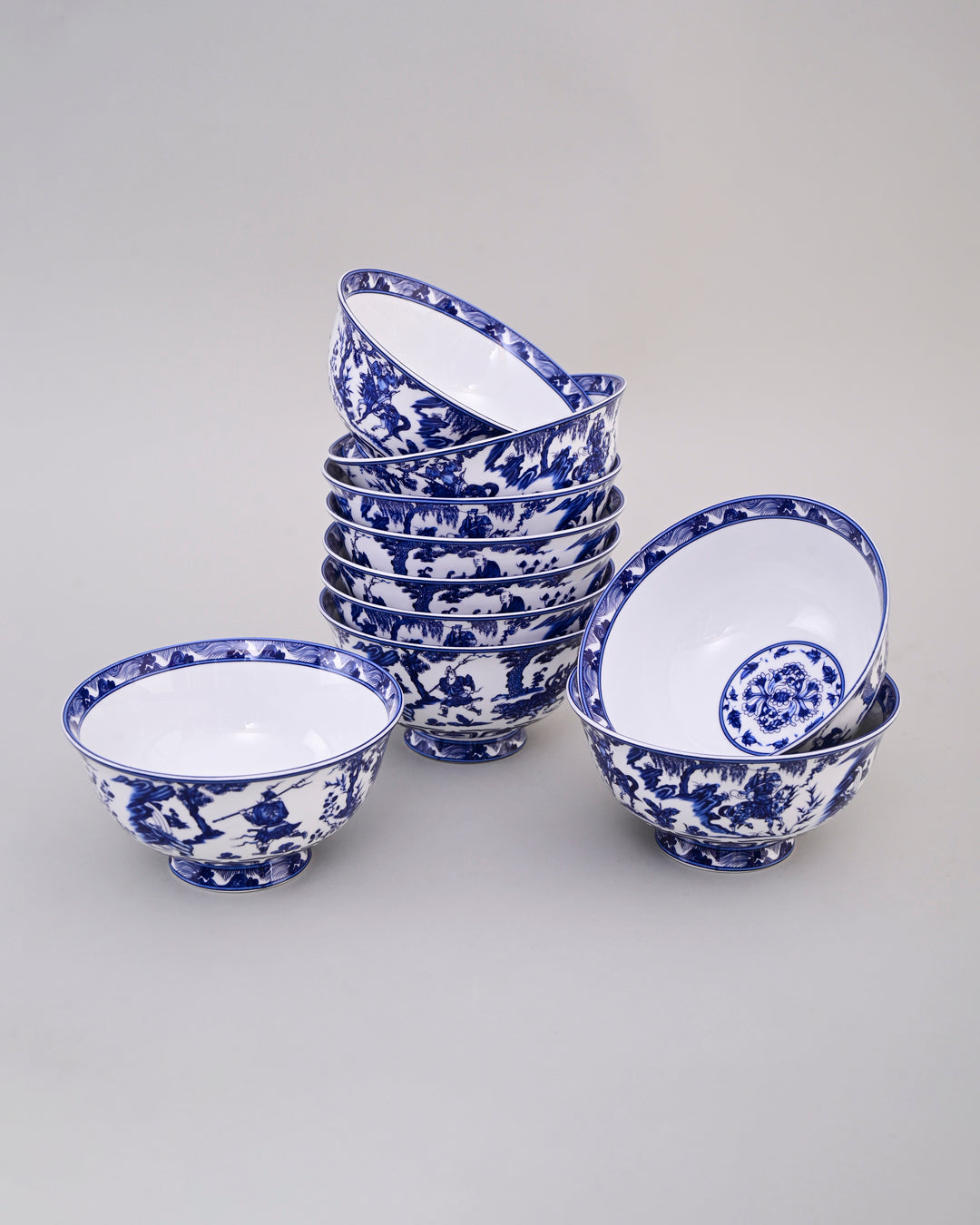 Blue & White Footed Ceramic Katori - Set Of 6