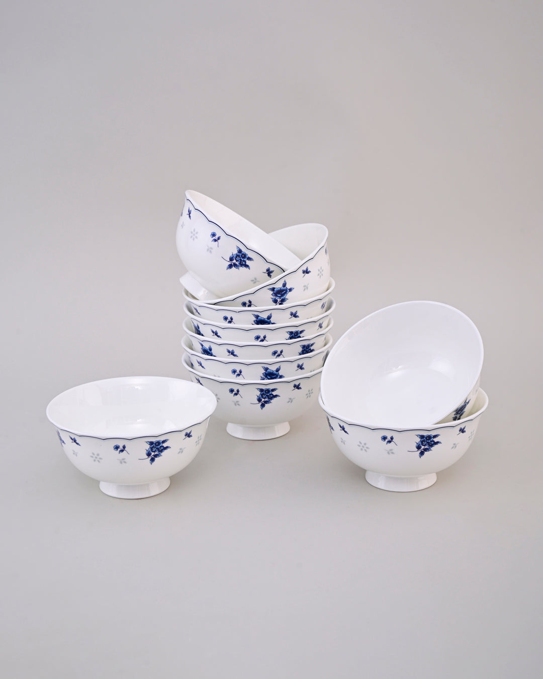 Blue Petal Elegance Ceramic Katori - Set Of 6