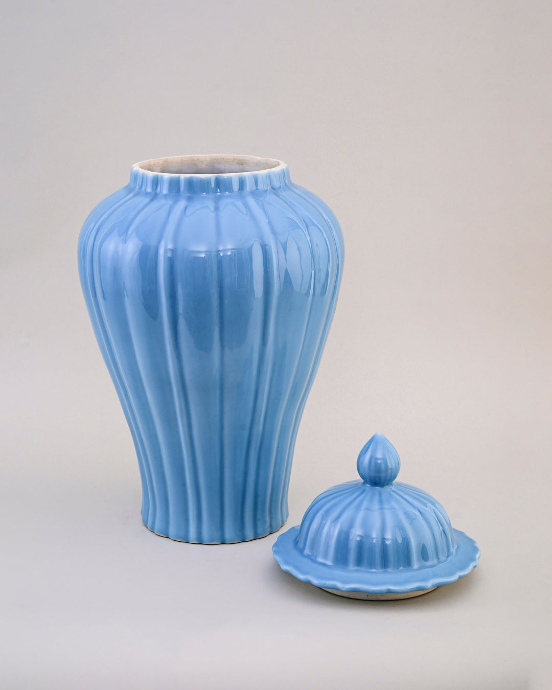 Celestial Blue Celadon Ribbed Temple Jar