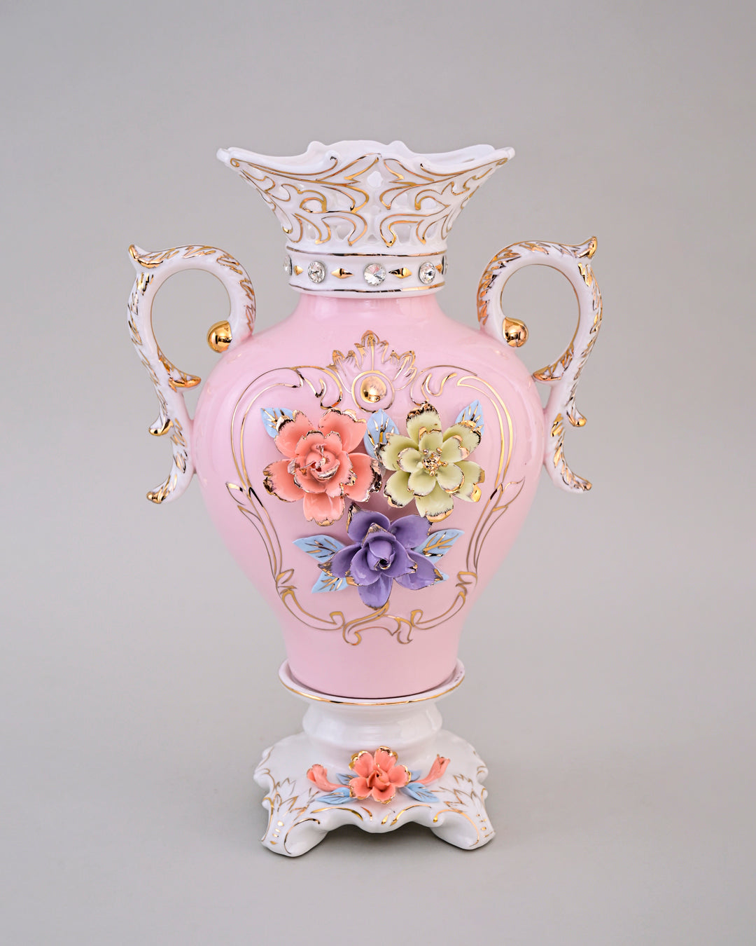 Vintage Floral Porcelain Vase with Handles - Pink