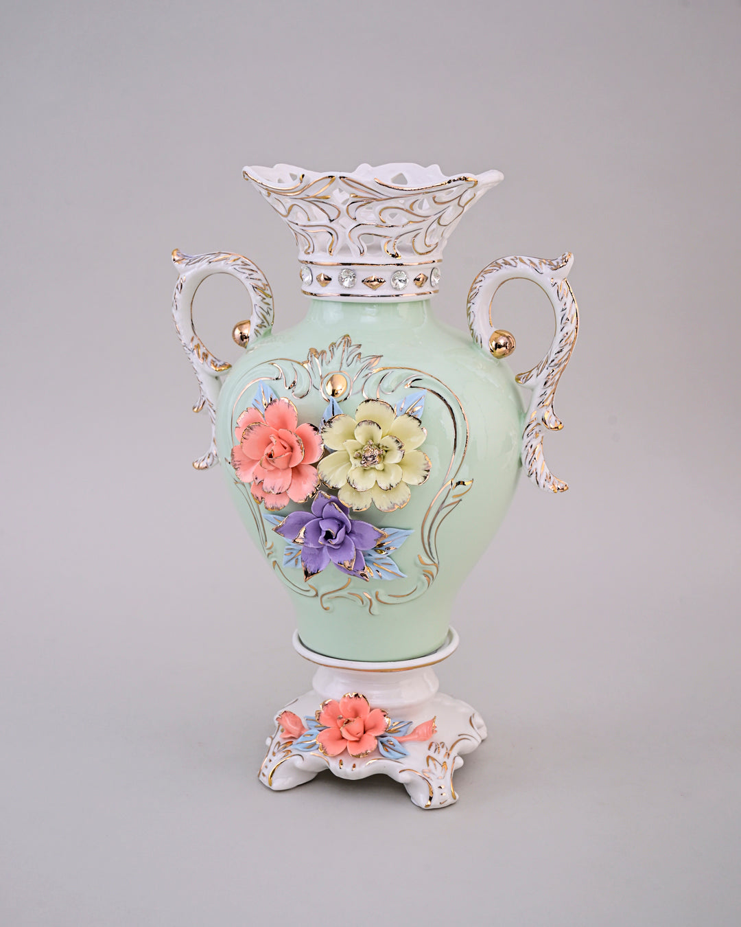 Vintage Floral Porcelain Vase with Handles - Sky Blue