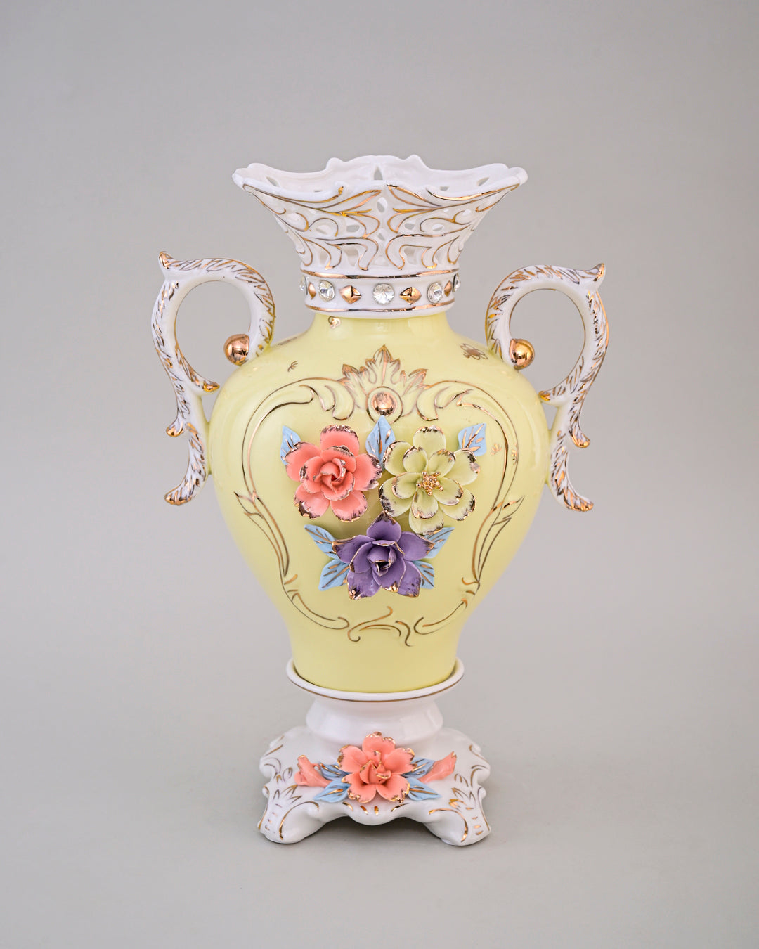 Vintage Floral Porcelain Vase with Handles - Yellow