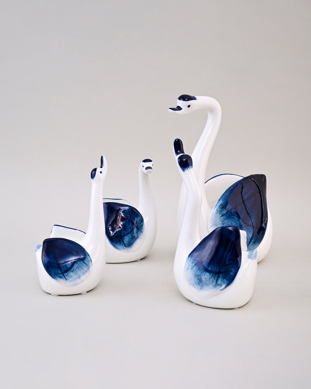 Blue & White Graceful Swan Figurines - Set Of 4