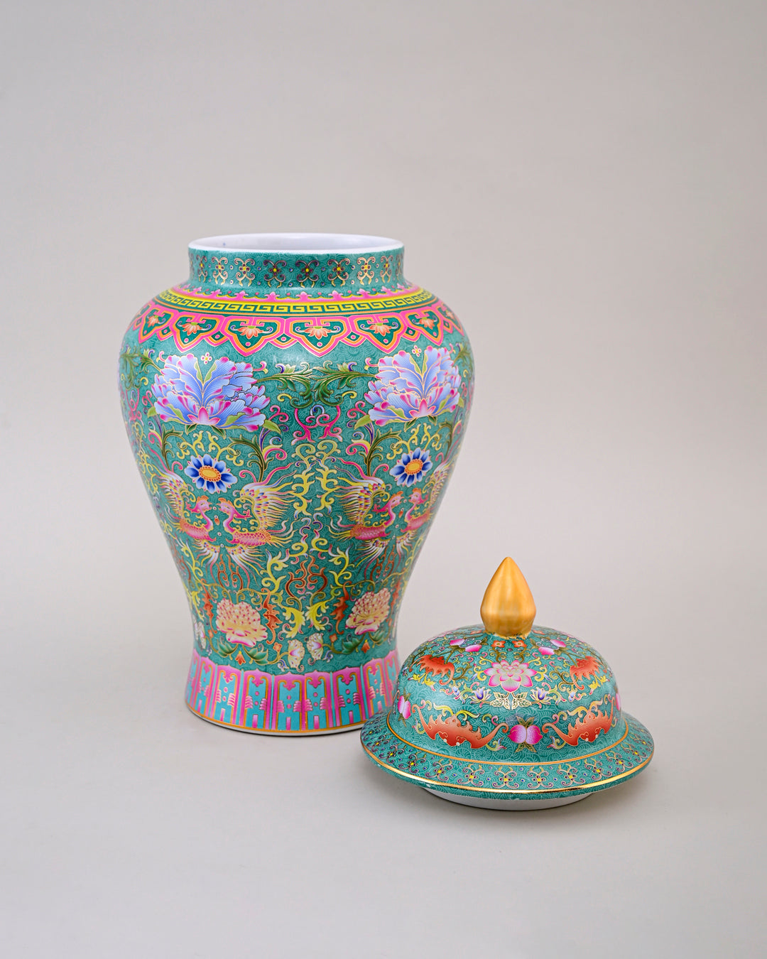 Cloisonné phoenix Temple Jar With Lid - Green