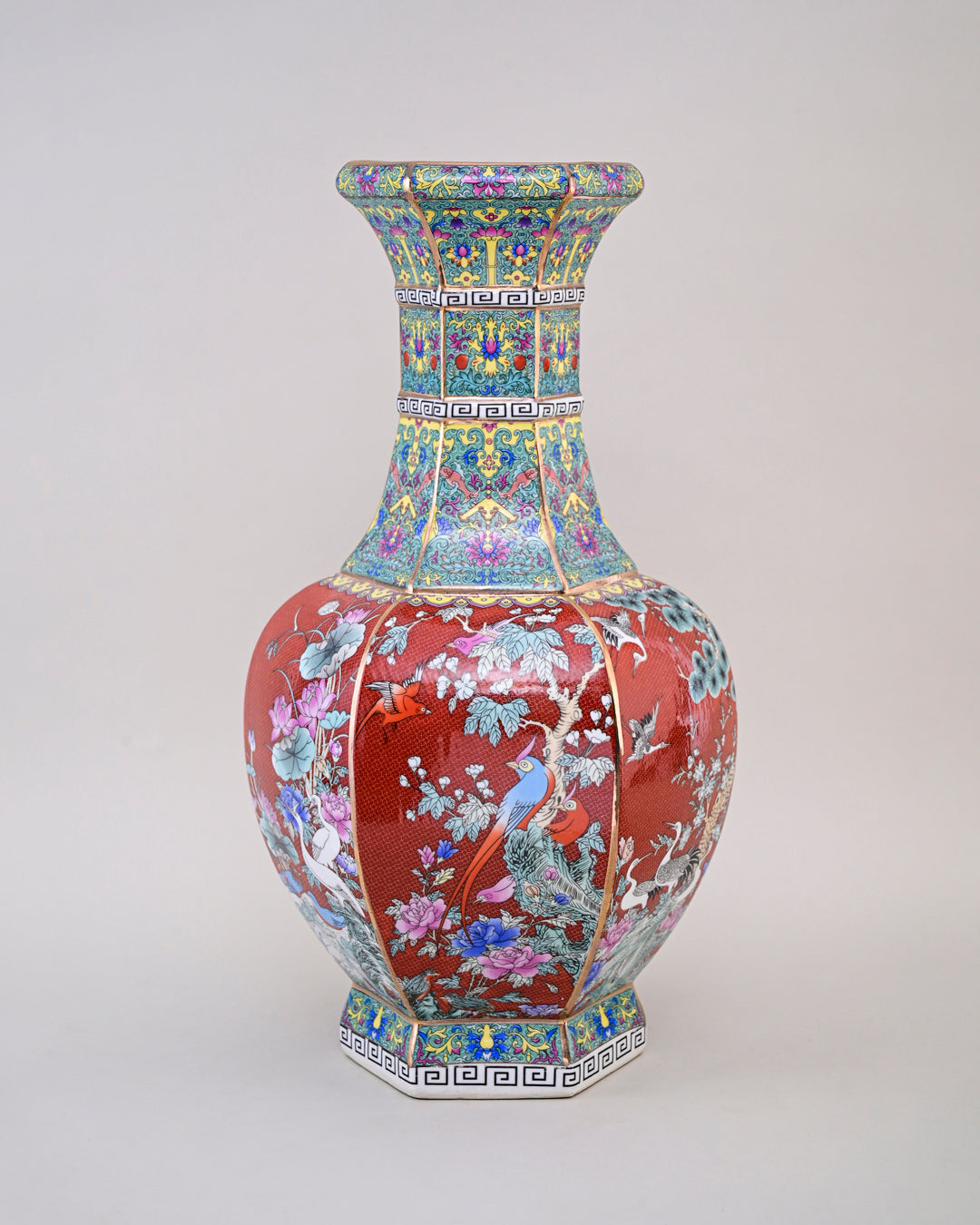 Midnight Bird Motifs Cloisonné Vase - Red