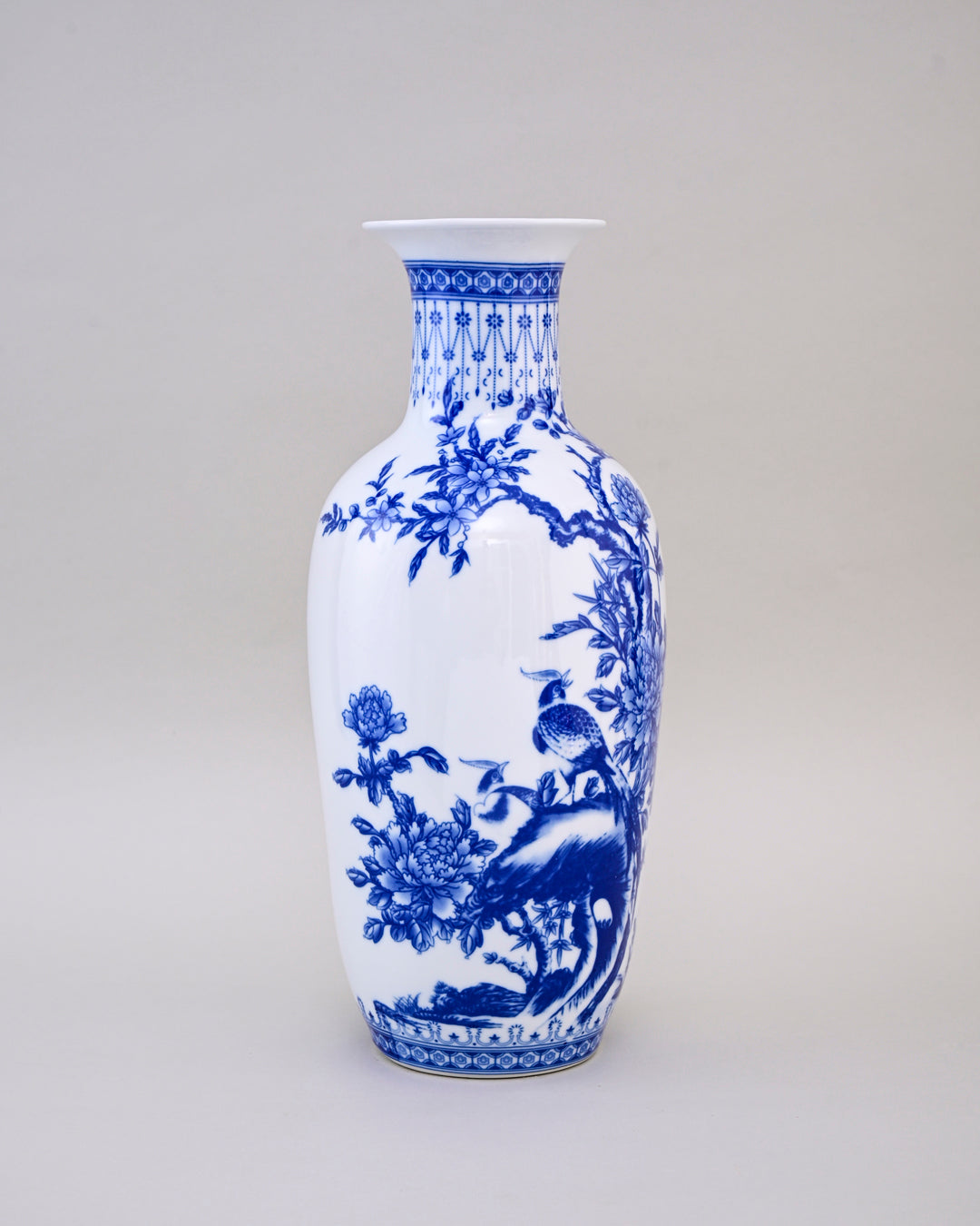 Majestic Peacock & Floral Blue & White Vase