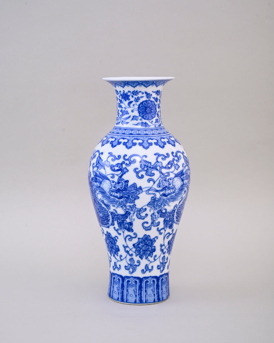 Ming Dragon Blue & White Bone China Vase