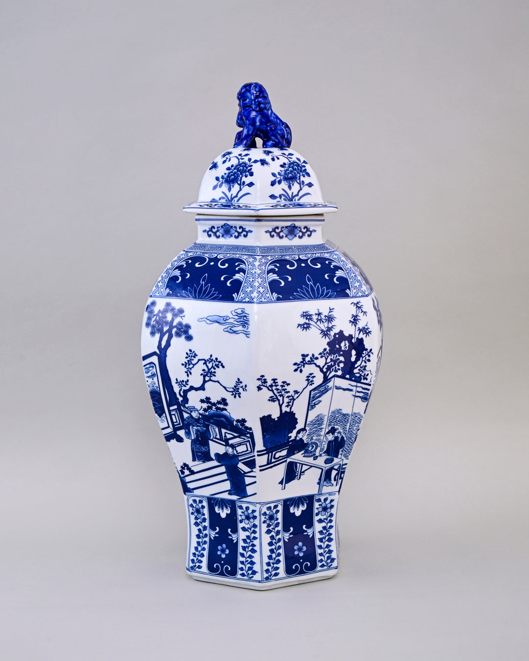 Royal Blue & White Temple Jar With Guardian Lion Lid
