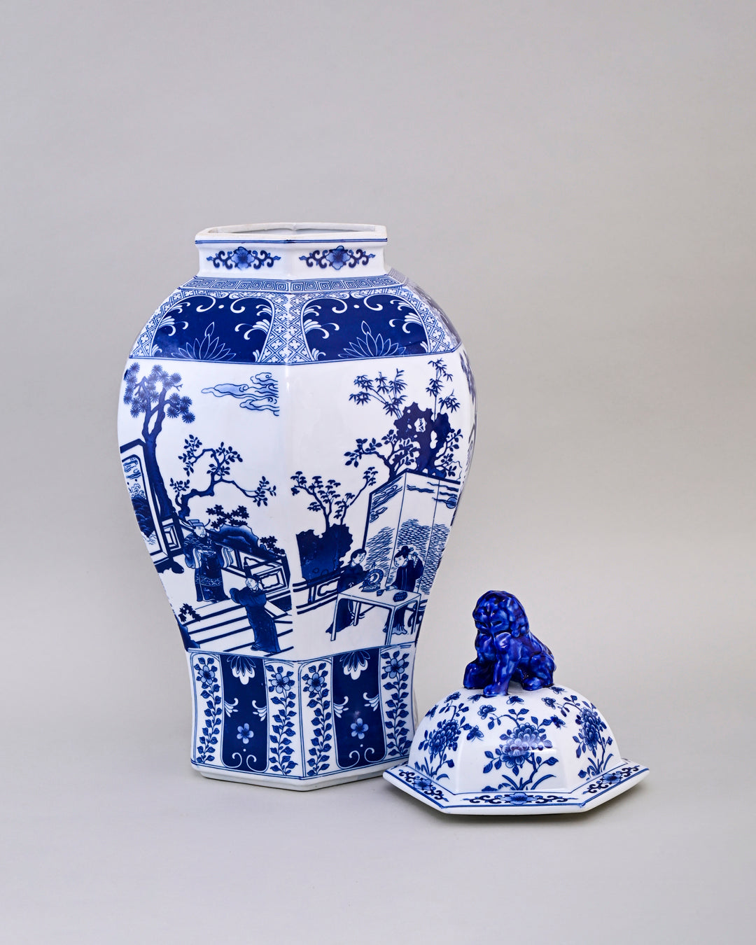 Royal Blue & White Temple Jar With Guardian Lion Lid