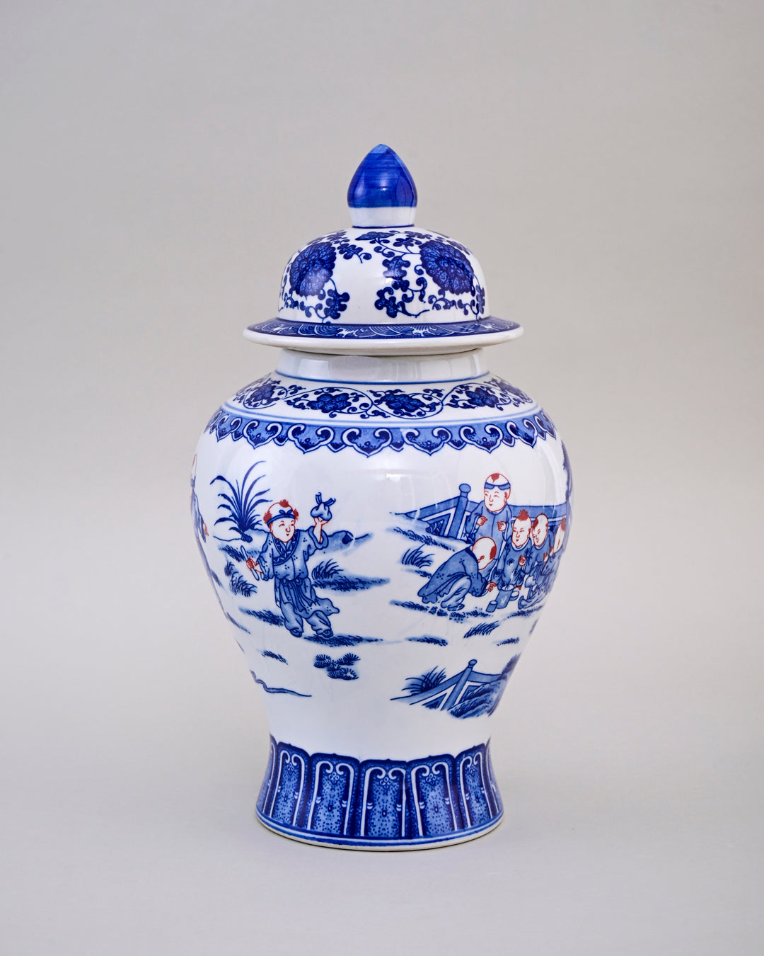 Blue and White Children Motif Temple Jar