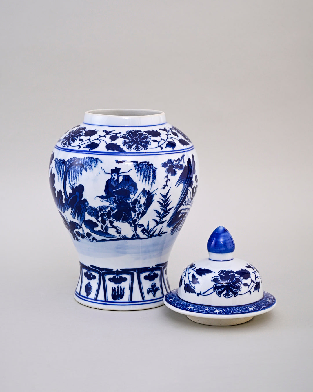 Blue and White Warrior Scene Temple Jar