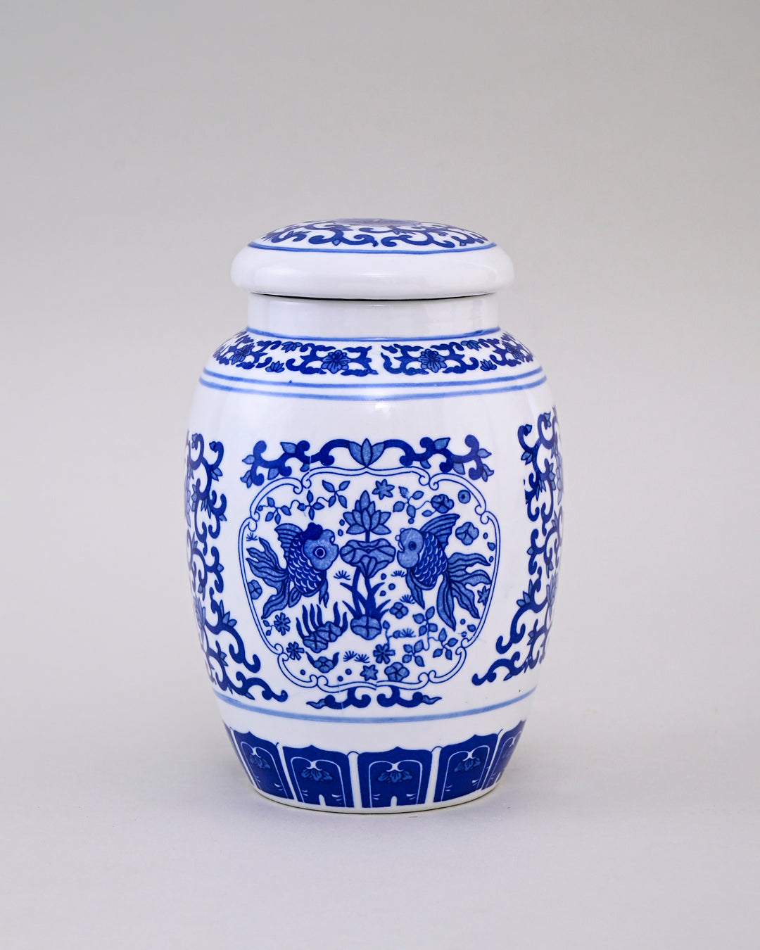 Blue & White Fish Motif Storage Jar