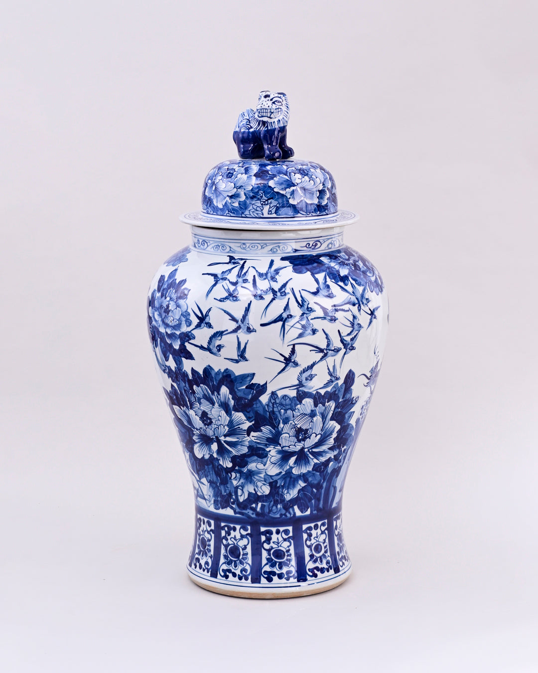 Blue & White Floral Motifs Temple Jar With Foo Dog LId