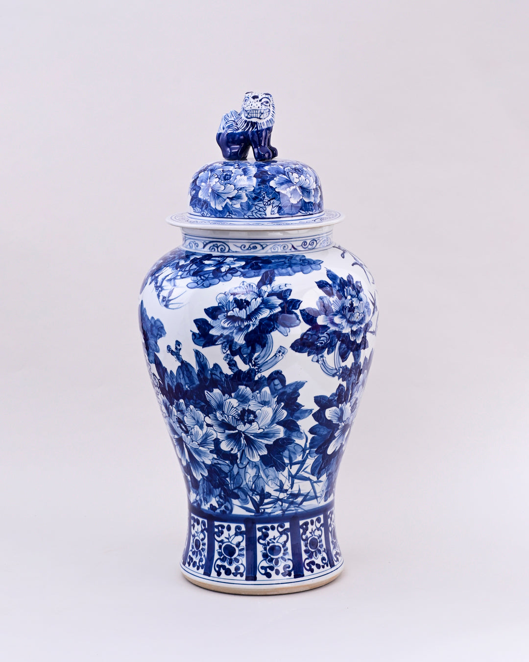 Blue & White Floral Motifs Temple Jar With Foo Dog LId