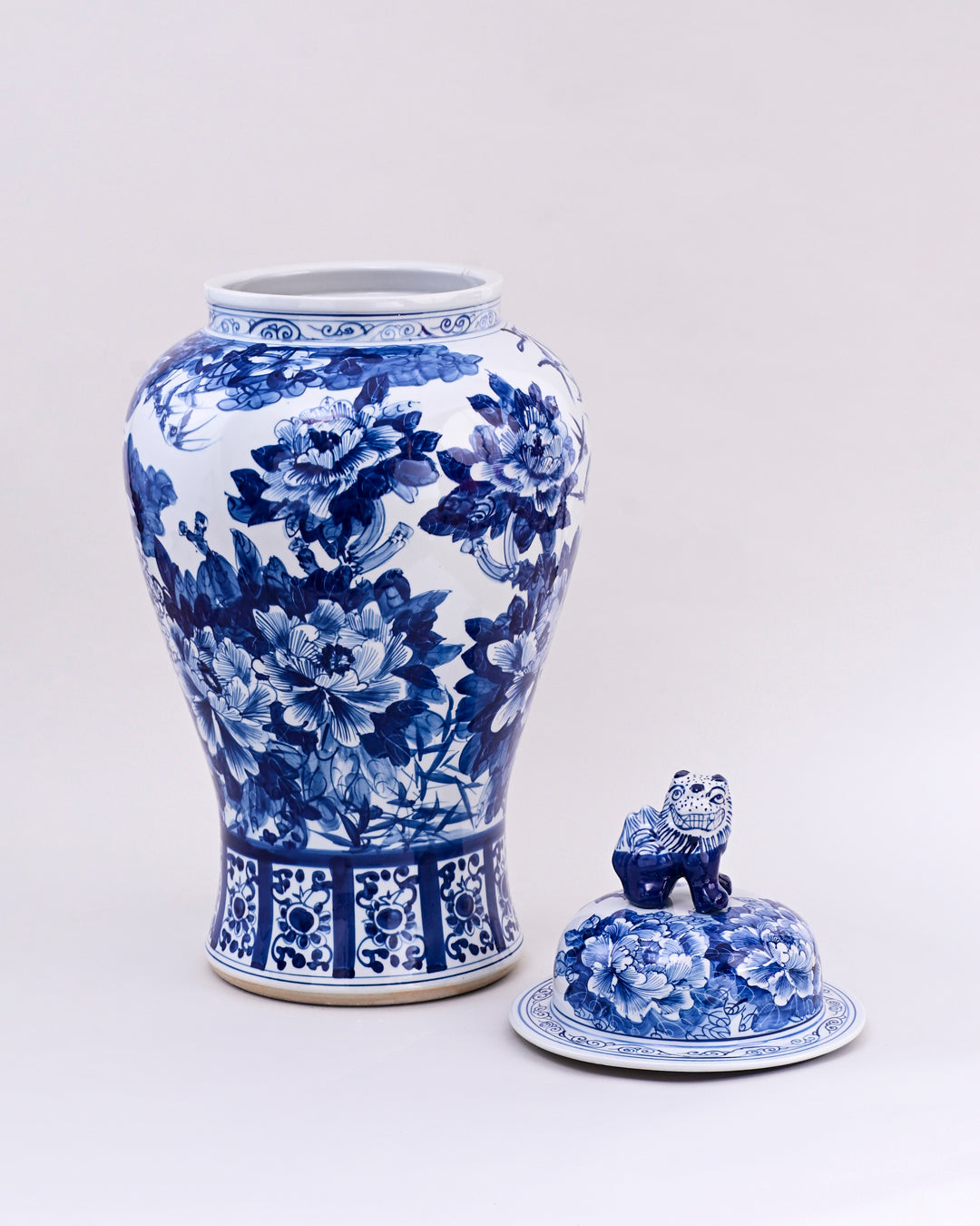 Blue & White Floral Motifs Temple Jar With Foo Dog LId