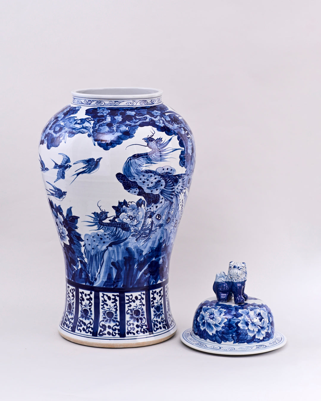 Blue & White Floral Harmony Temple Jar With Foo Dog Lid - 120cm