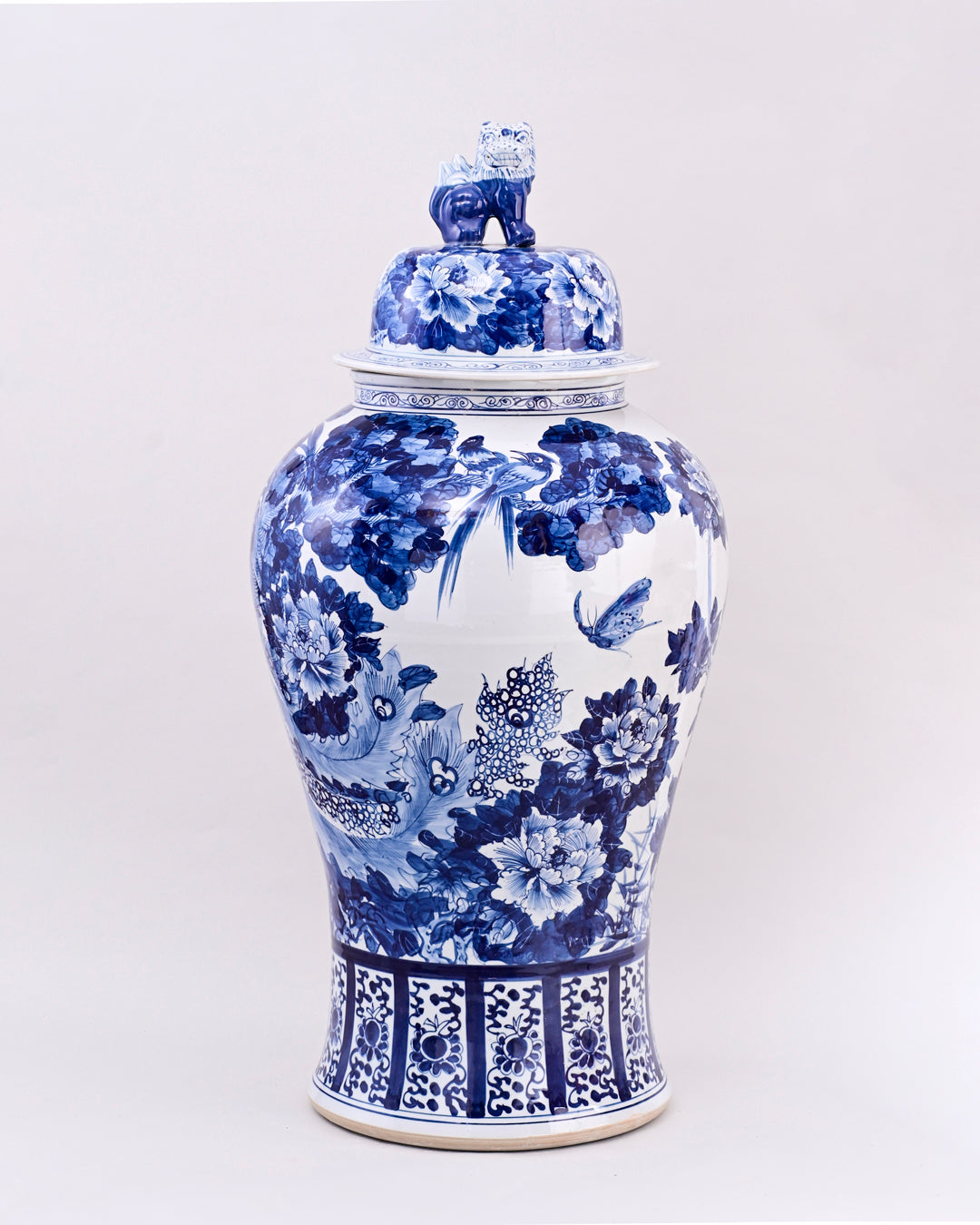 Blue & White Floral Harmony Temple Jar With Foo Dog Lid - 120cm
