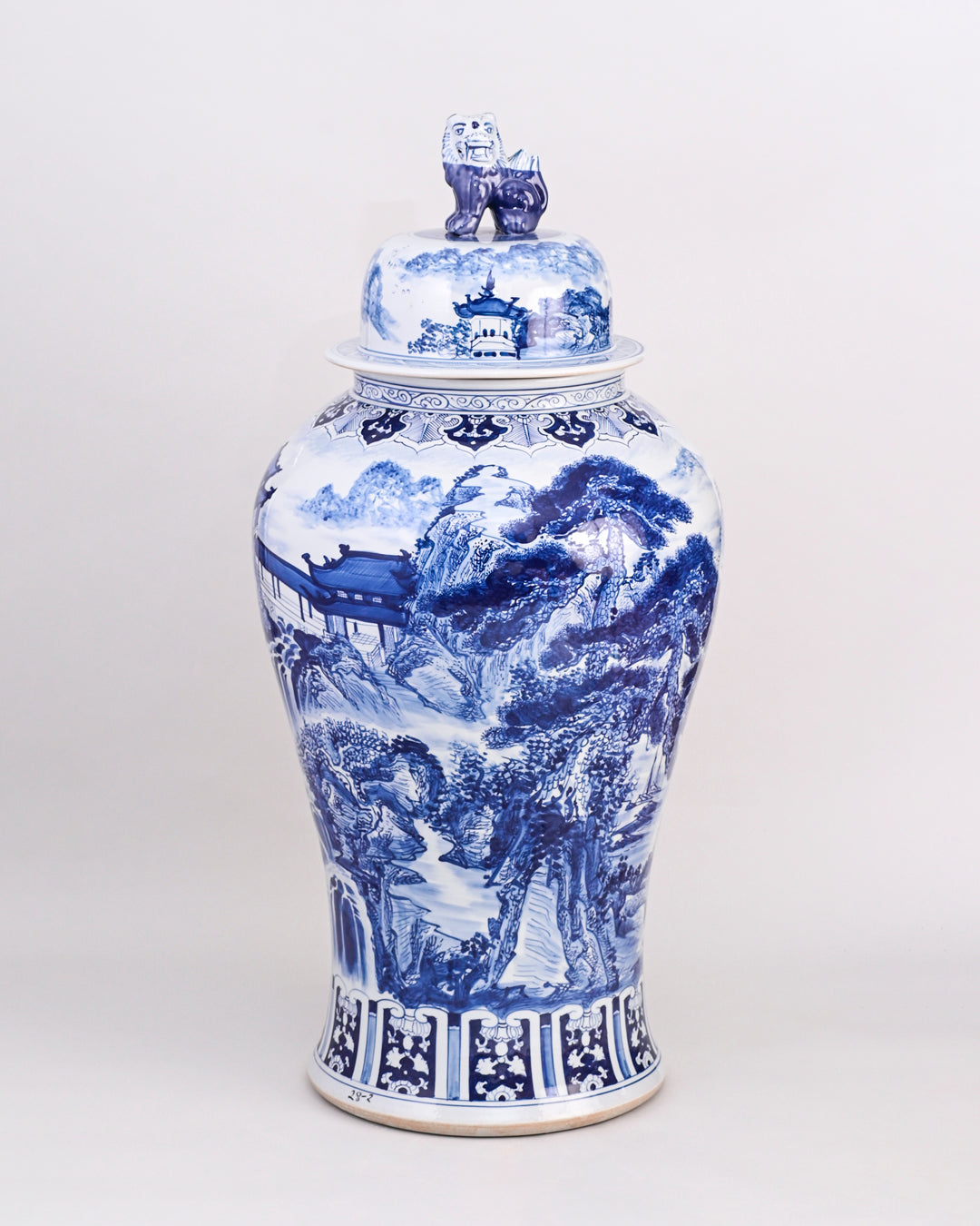 Dynasty Landscape Blue & White Temple Jar With Foo Dog Lid