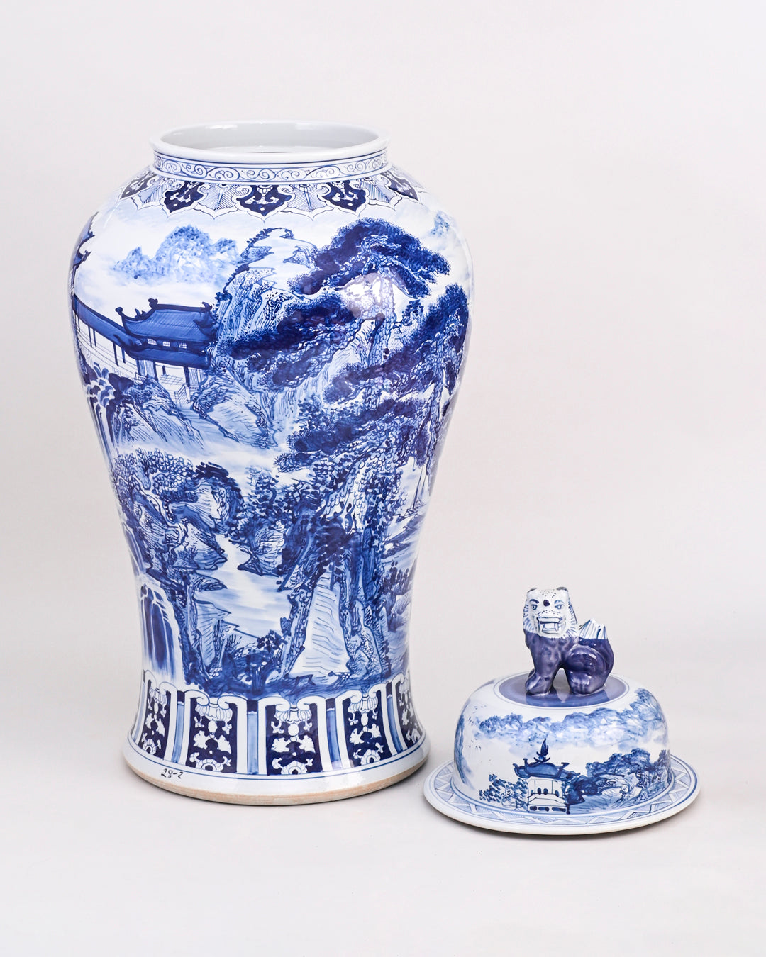 Dynasty Landscape Blue & White Temple Jar With Foo Dog Lid