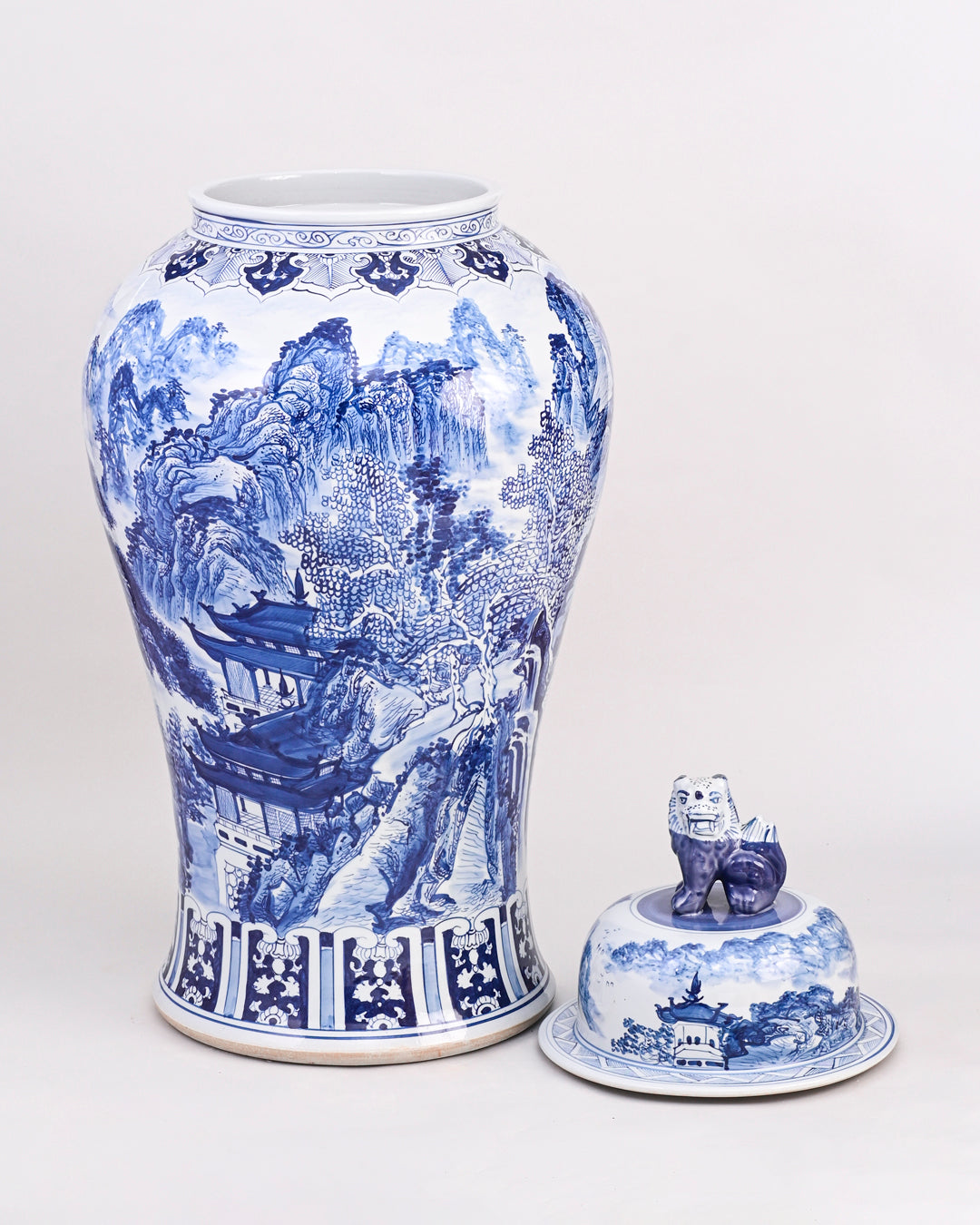 Dynasty Landscape Blue & White Temple Jar With Foo Dog Lid
